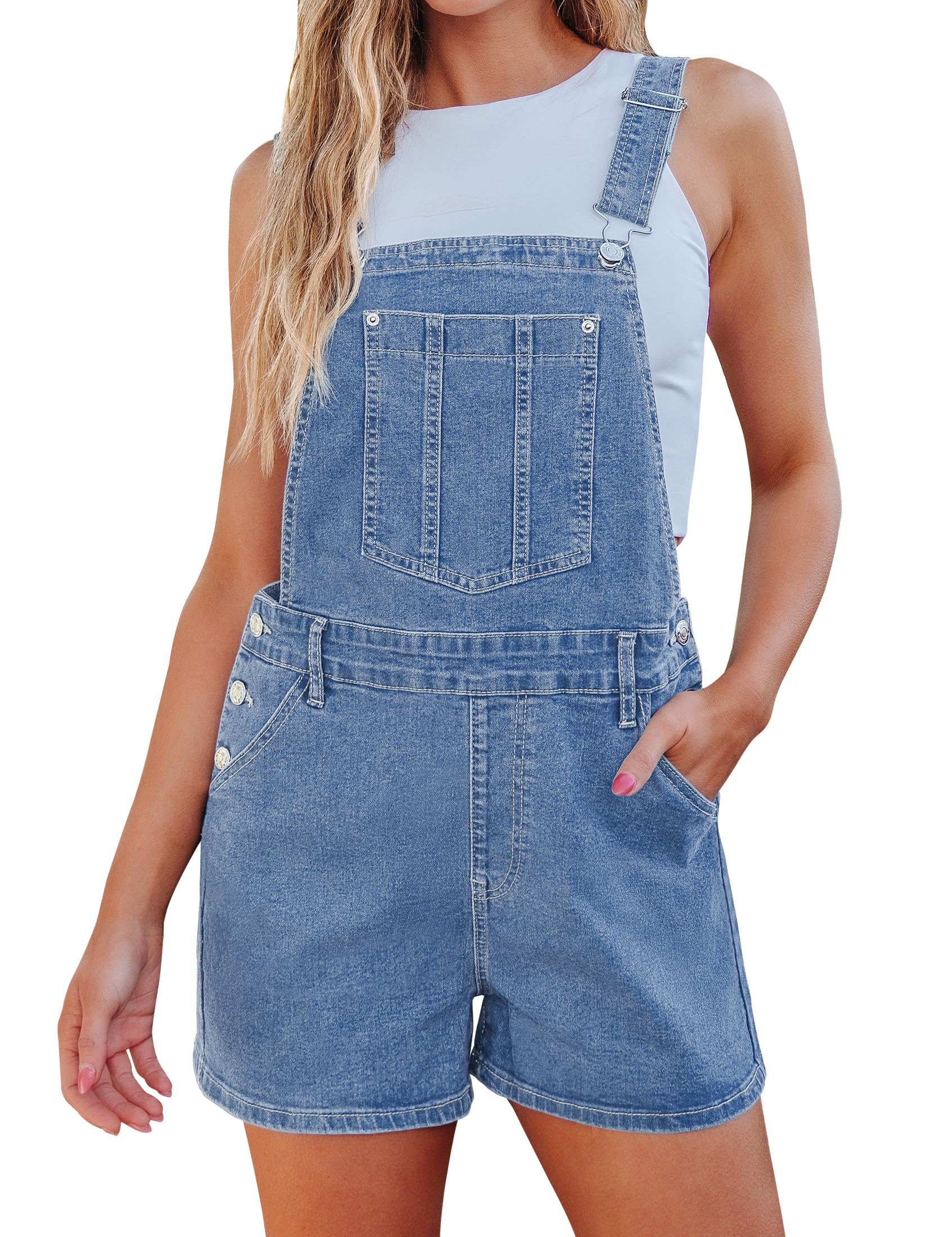 luvamia Jean Short Overalls for Women Baggy Adjustable Straps Bib Stretchy Denim Overall Jumpsuits Shortalls with Pockets