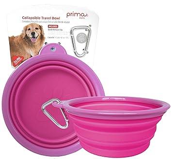 Prima Pets Collapsible Silicone Water Travel Bowl with Clip for Dog and Cat, Portable and Durable Pop-up Feeder for Convenient On-The-go Feeding ? Size: Large (5 Cups) Pink