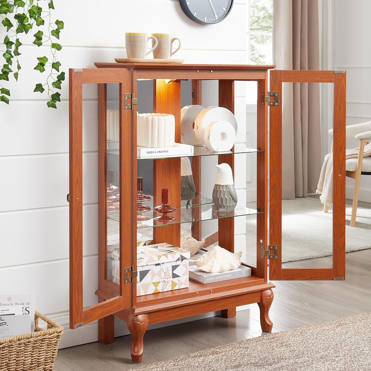 Curio Cabinet with Tempered Glass Doors, Lighted Display Cabinet with Mirrored Back Panel and Adjustable Shelves, Floor Glass Storage Cabinets Wooden Organizer Unit for Living Room (Dark Oak)