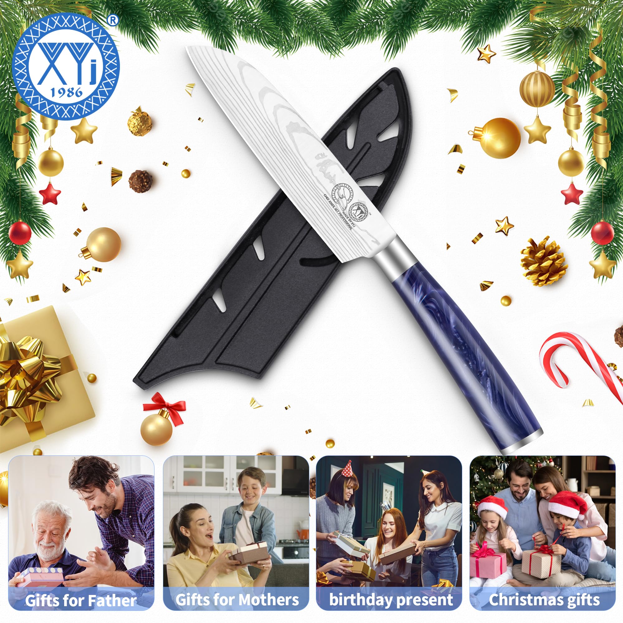 XYJ Coltello da Cucina Professionale, Coltello Santoku Giapponese da 5 Pollici in Acciaio Inossidabile, Motivo Laser Damacus, Coltello da Carne per Cucina, Campeggio e BBQ, Coltello con Coperchio