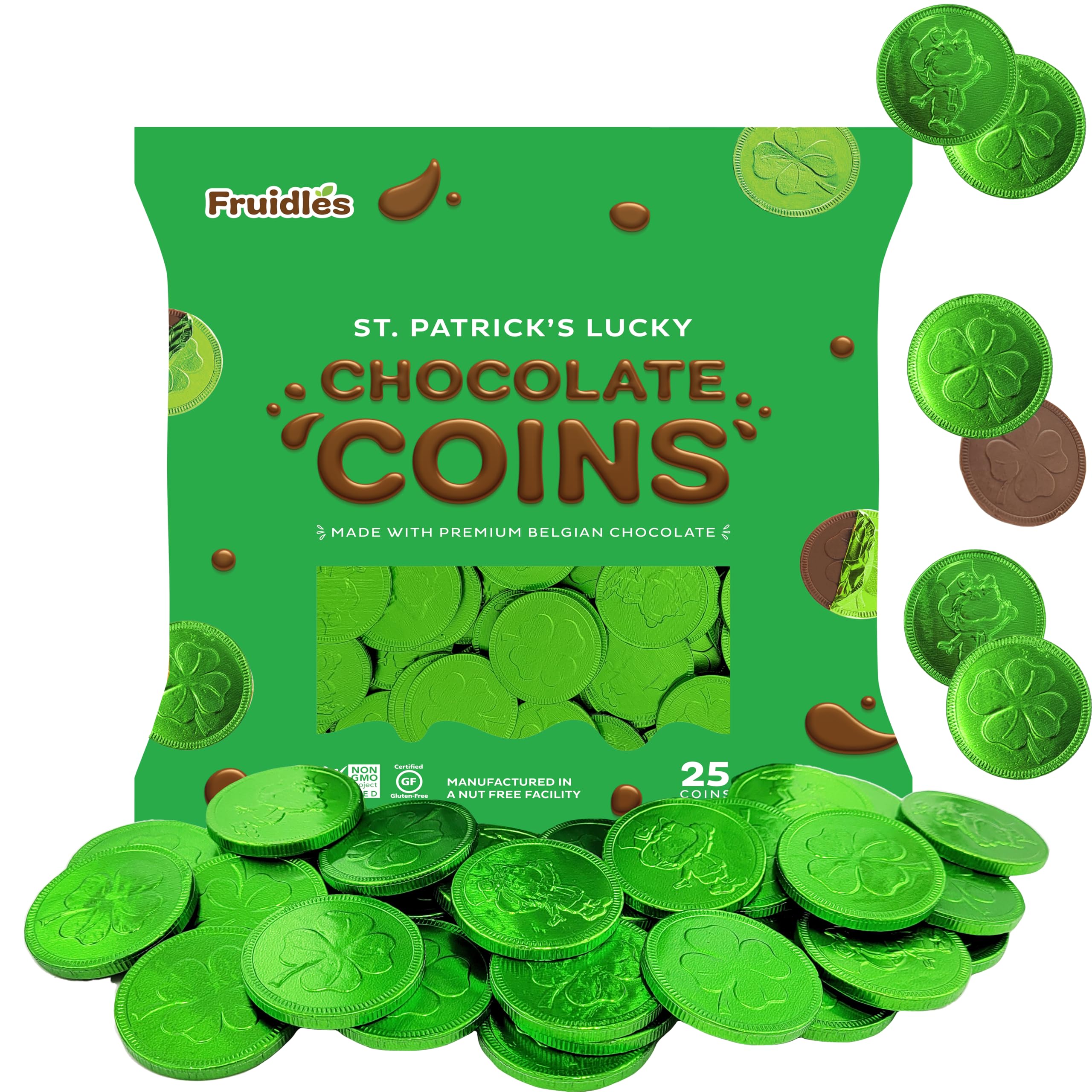 Saint Patrick's Day 25 Clover Shamrock Leprechaun Green Coins, Premium Belgian Milk Chocolate Nut-Free Candy, Kosher (25-Pack)