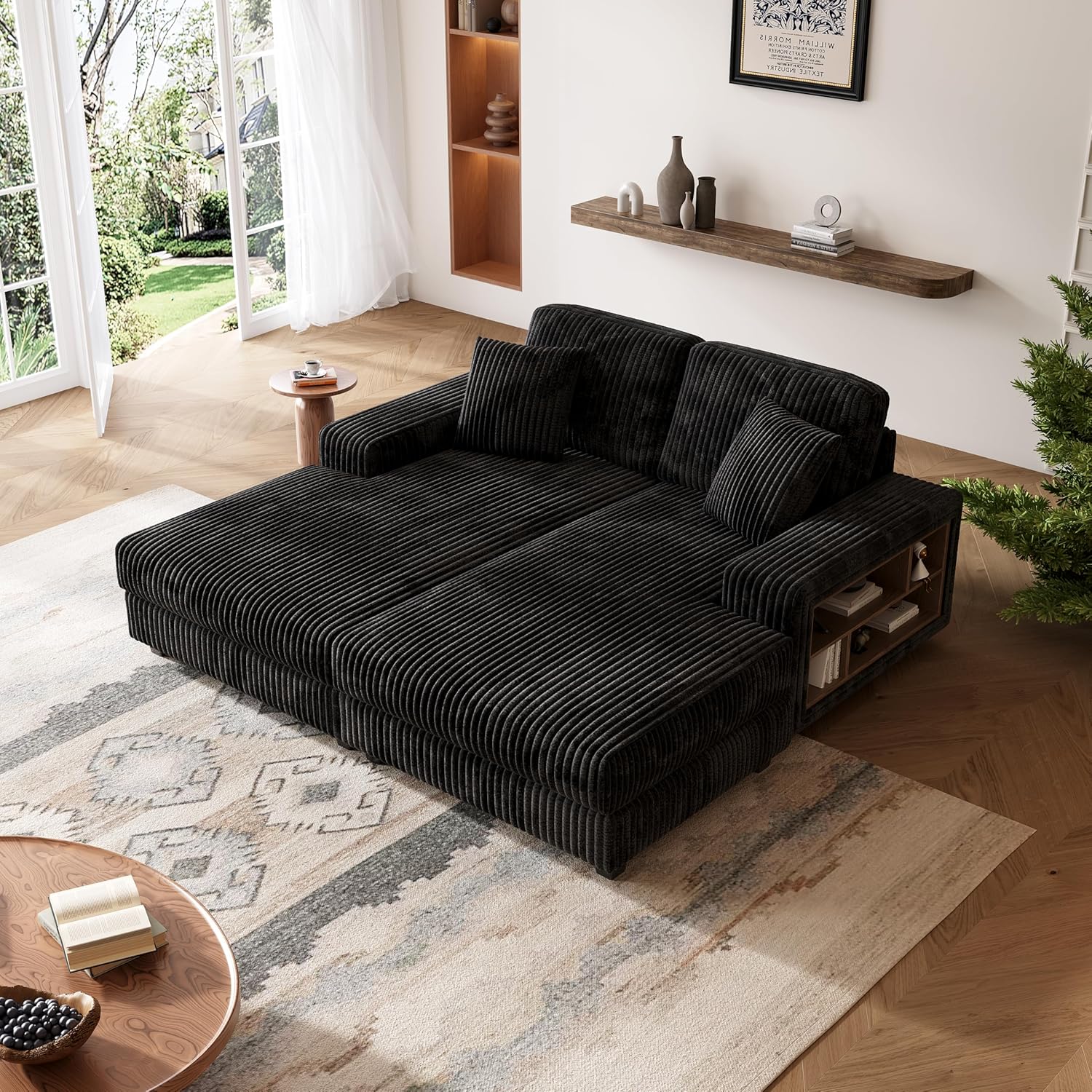 KEIKI 79.5" Oversized Sectional Sofa with Double Lounge Storage Chaise, Modern Convertible Sleeper Sofa Bed, Fluffy Corduroy Loveseat Couch for Living Room or Bedroom, Black