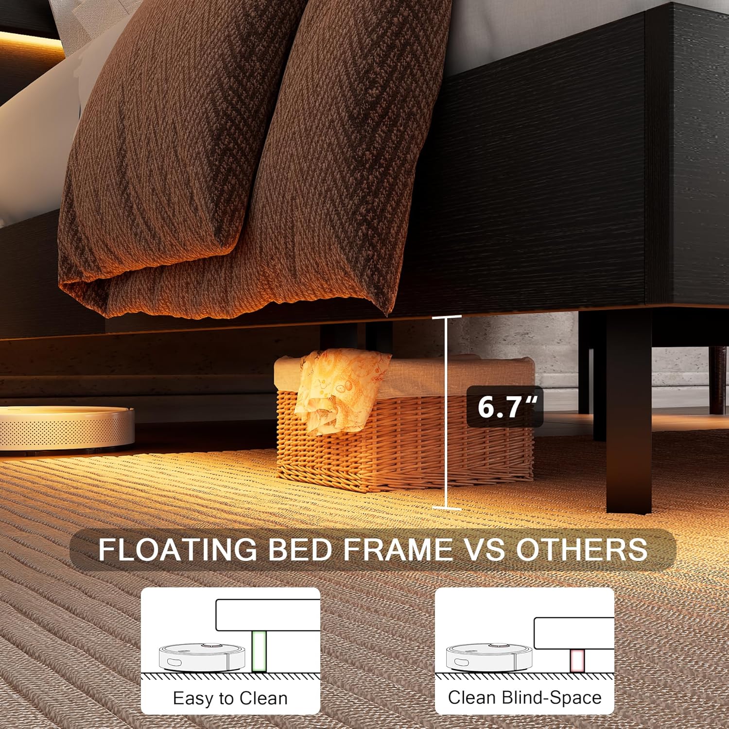 Einhomn Floating Bed Frame Queen Size with Led Headboard and Charging Station, Metal Platform Bed Base with Storage, Remote Control, Heavy Slats Support, No Box Spring Needed, Noise Free, Black