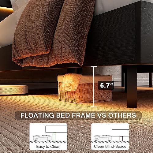 Miniatura 5 de Base de cama flotante tamaño Queen con cabecera LED y estación de carga, base de cama de plataforma de metal con almacenamiento, control remoto,