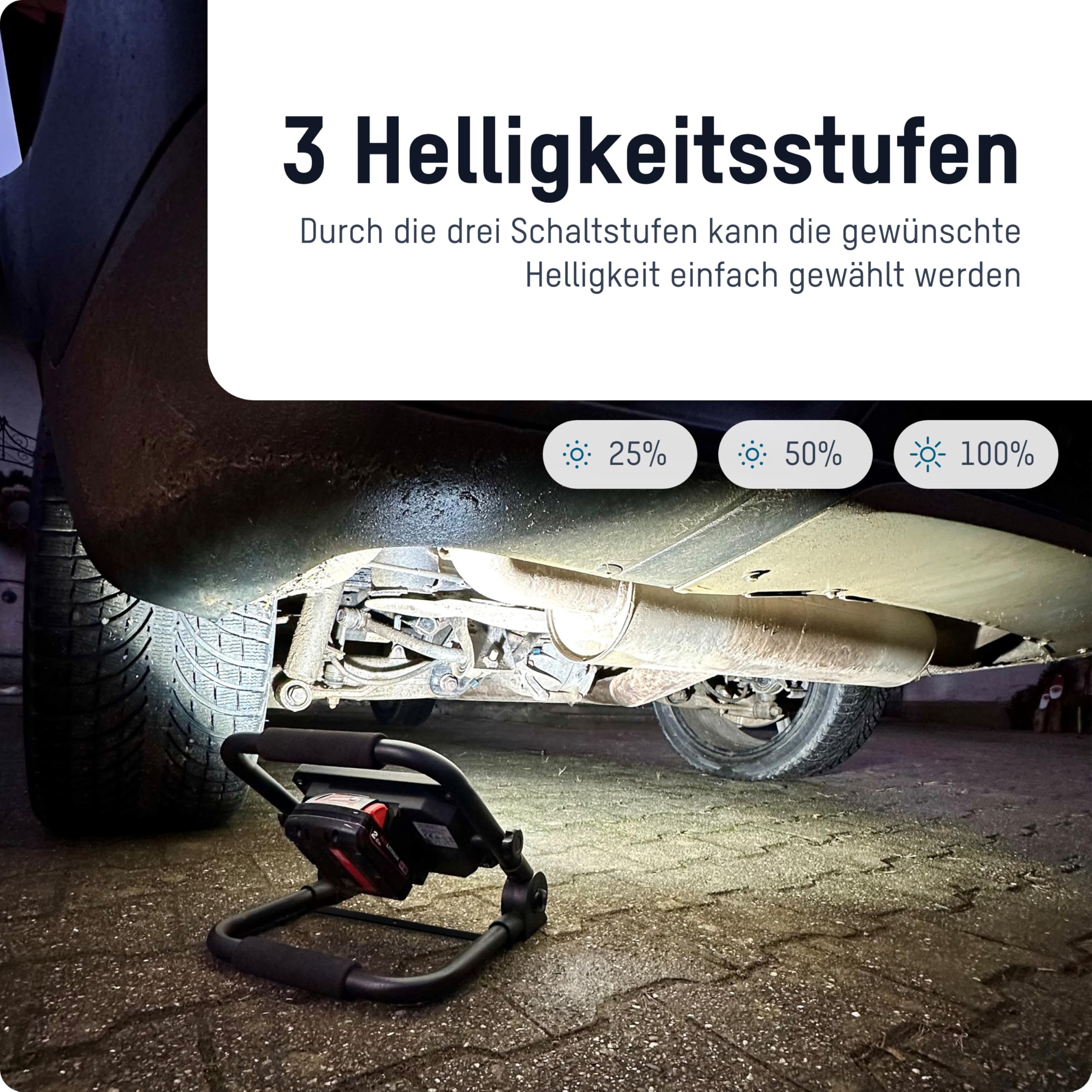 ANSMANN LED Arbeitsleuchte, kompatibel mit 18V Akkupacks, inkl. Adapterplatten für Bosch, Makita, Milwaukee/Dewalt, robuster Baustrahler für Werkstatt, Baustelle 50 Watt, 3 Helligkeitsstufen