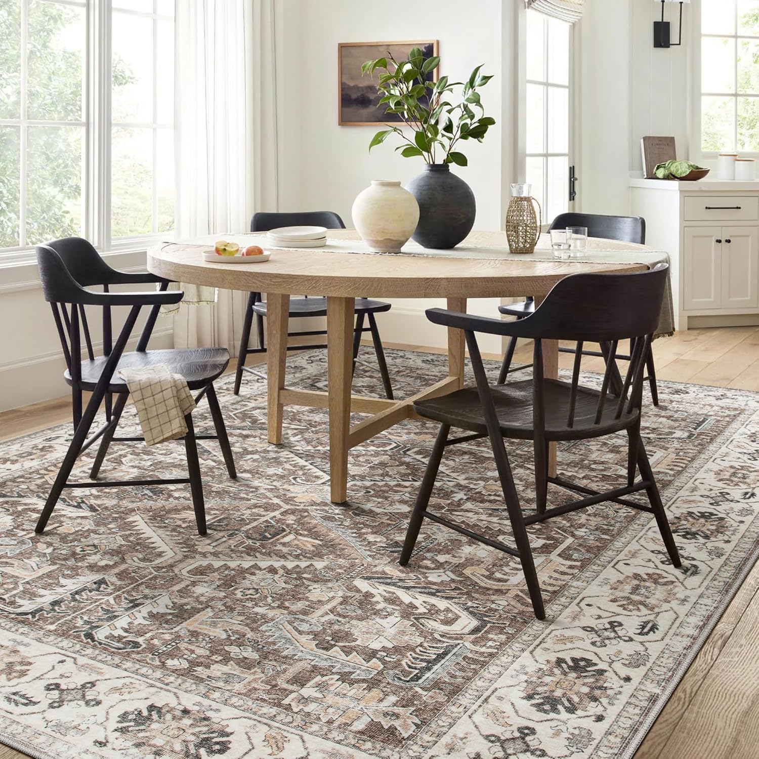 10x14 Area Rug for Living Room - Washable Soft Traditional Tribal Rug for Bedroom Dining Room Home Office, Non-Slip Stain Resistant Vintage Distressed Indoor Floor Carpet- Dark Brown