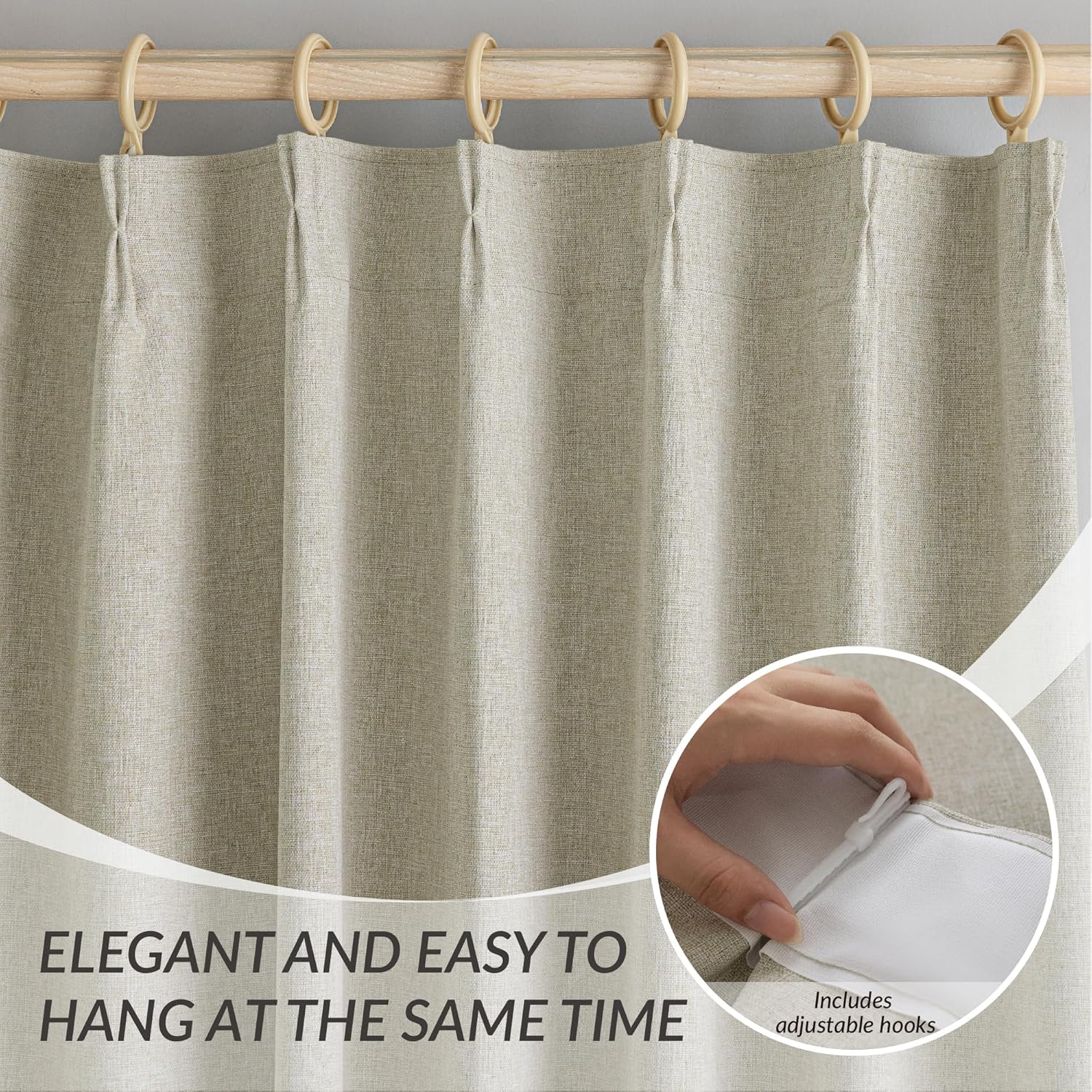 KangBang Pinch Pleated Linen Curtains Blackout 90 Inches Long for Bedroom, Living Room Drapes with Hooks 2 Panels Set for Nursery, Sun Blocking Elegant Window Treatments,42x90 Inch, Linen