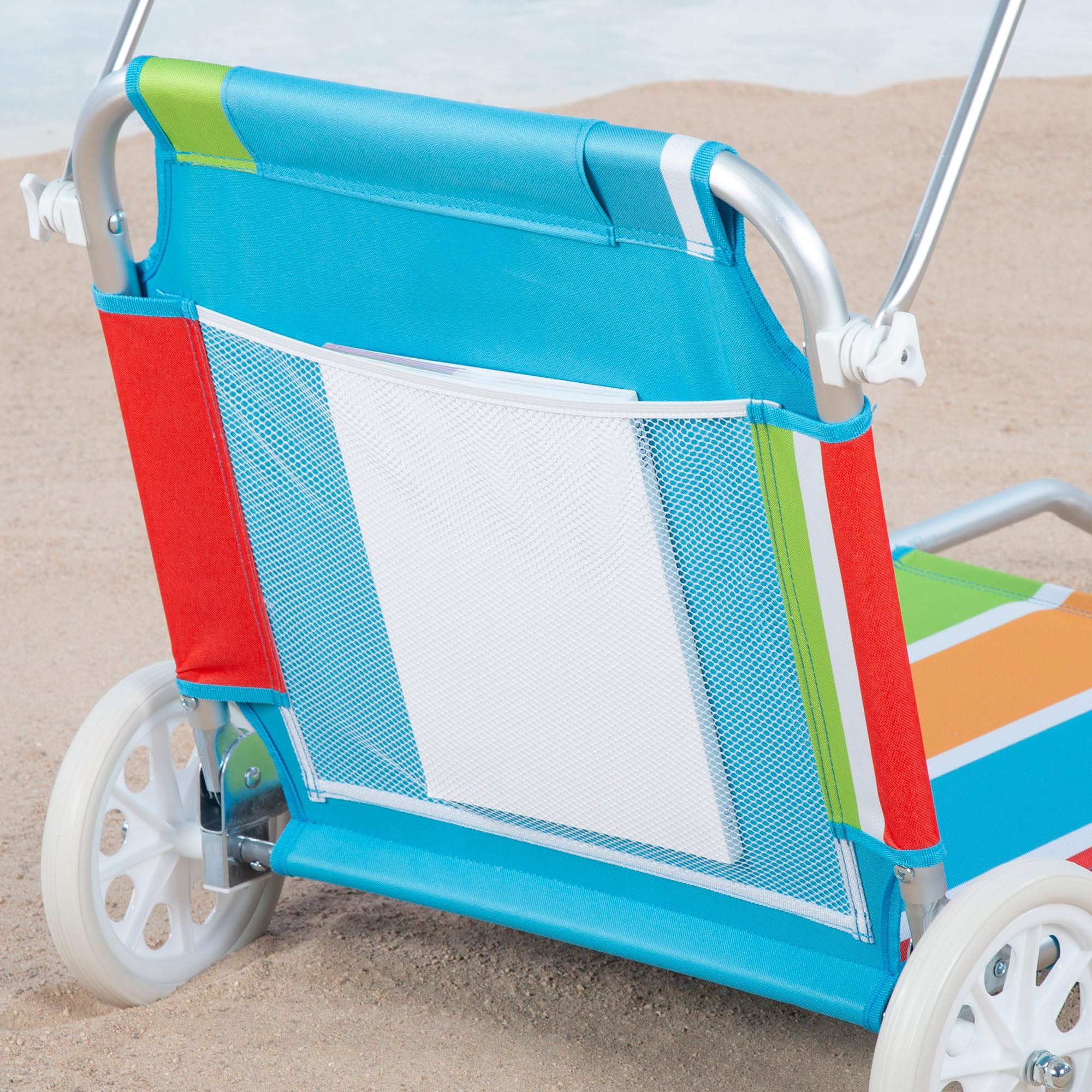 AKTIVE Carrello sdraio da spiaggia, 62x117x62 cm, 2 in 1, Include ombrellone rimovibile, Cuscino imbottito, Tasca in rete, Telaio in alluminio, Tessuto in poliestere