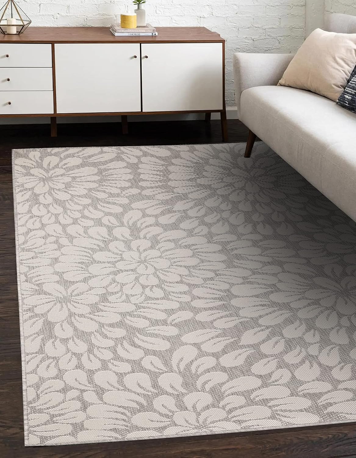 Modern Bohemian Floral Indoor Outdoor Area Rug Weather Resistant Outdoor Carpet for Porch Deck Balcony Backyard Patio Rug 5x8 Gray