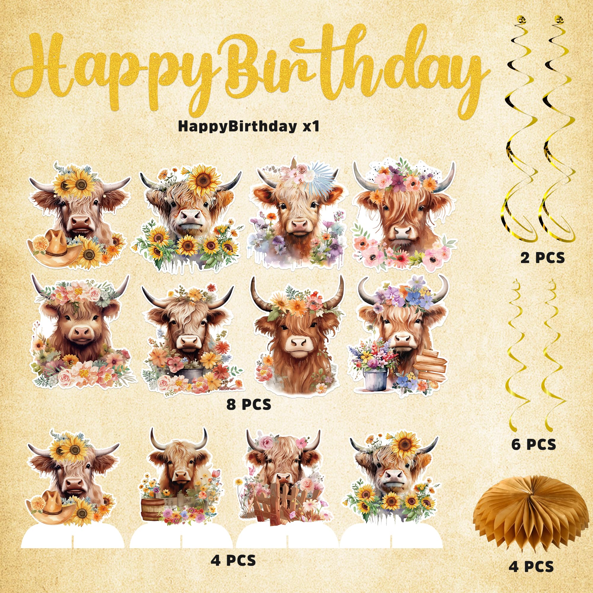 Highland Cow Birthday Party Decorations Kit – 19PCS Banner, Centerpieces & Swirls - View #3