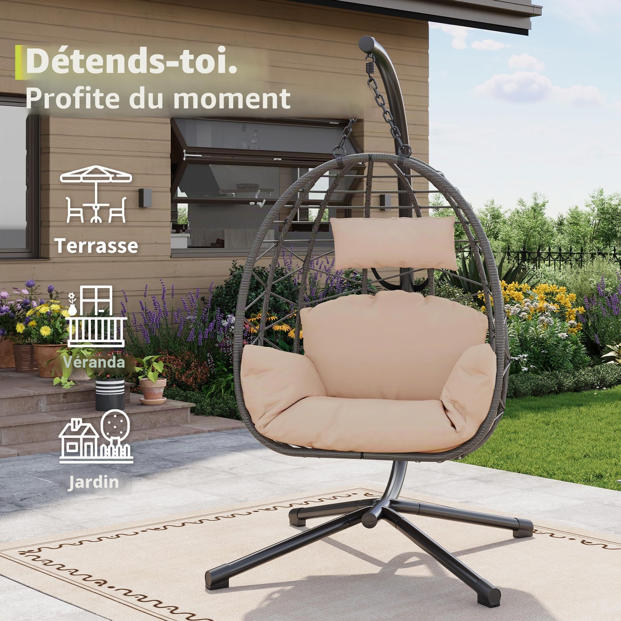 Fauteuil suspendu avec armature pour extérieur, résistant jusqu'à 150 kg, fauteuil en rotin avec armature métallique, idéal comme siège suspendu avec armature pour jardin, terrasse et balcon Beige