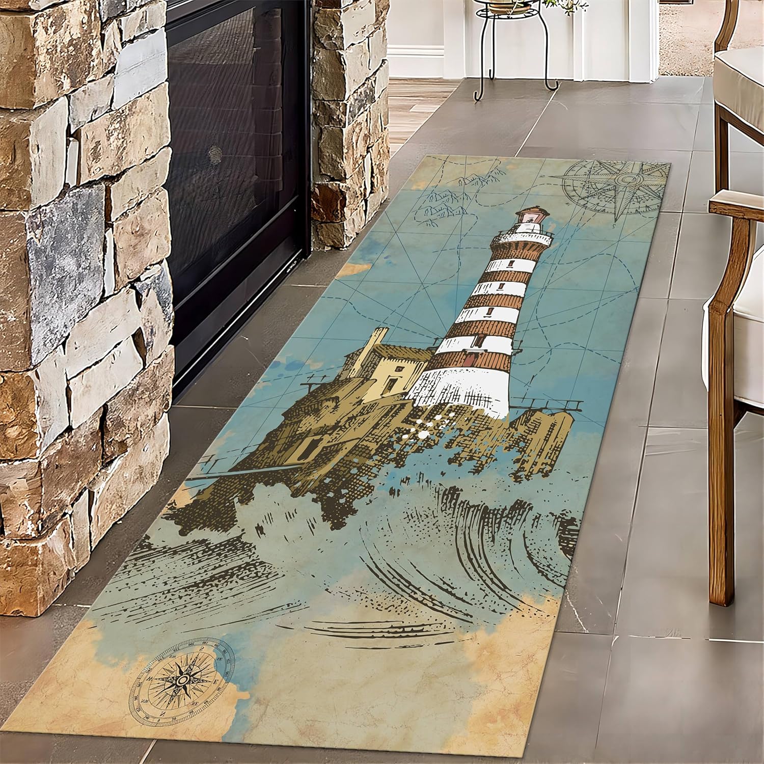 Vintage Nautical Runner Rug for Kitchen,1.3x7ft,World Map Pirate Adventure Boat Ocean Runner Rug,Ocean Theme Compass Long Bathroom Rugs,Foldable Non-Slip Hallway Rugs,for Coastal Home Decor