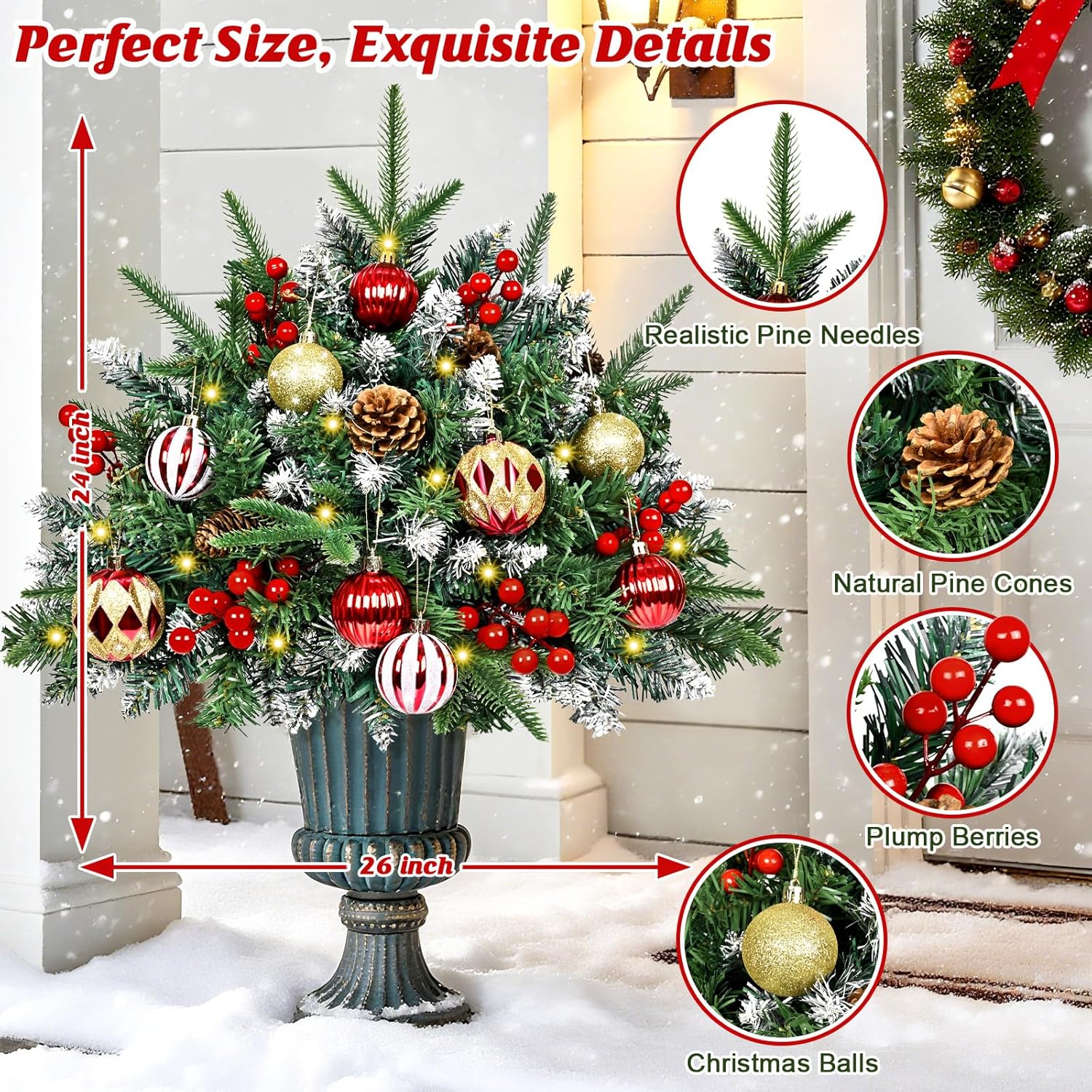 2 Pack Prelit Planter Bushes Christmas Tree, 24" Christmas Planter Pot Urn Filler Outdoor with 50 LED Lights, Pine Cones, Red Berries & Christmas Balls for Front Porch Pathway Yard Decorations