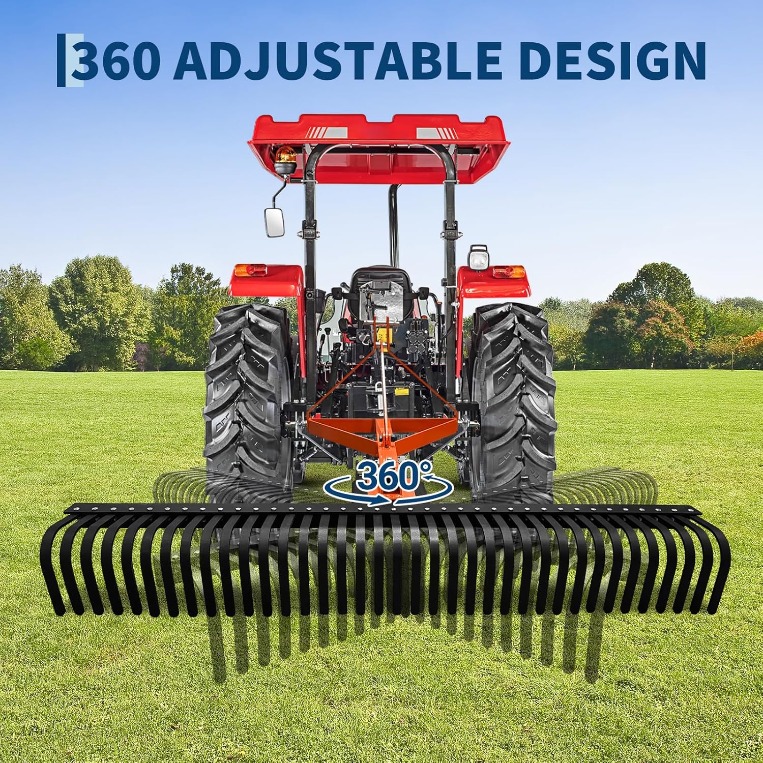 Garvee 6 ft Landscape Rake for Tractor, Heavy Duty 3 Point Tractor Rake with 37 Steel Tines and 360 Degree Rotation, Fit Cat1/Cat 2,Orange
