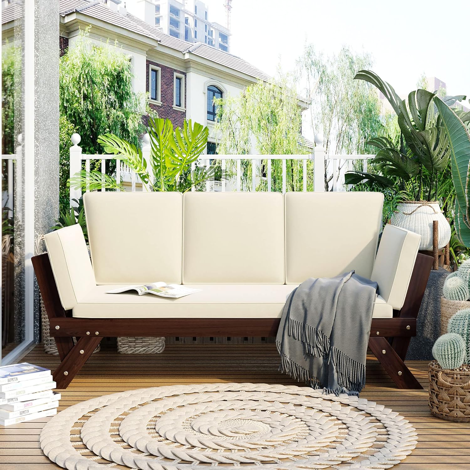 Outdoor Adjustable Patio Daybed,Acacia Wood Chaise Lounge with Cushions, Sectional Sofa Furniture for Patio, Balcony, Poolside, Backyard (Beige/Adjustable)