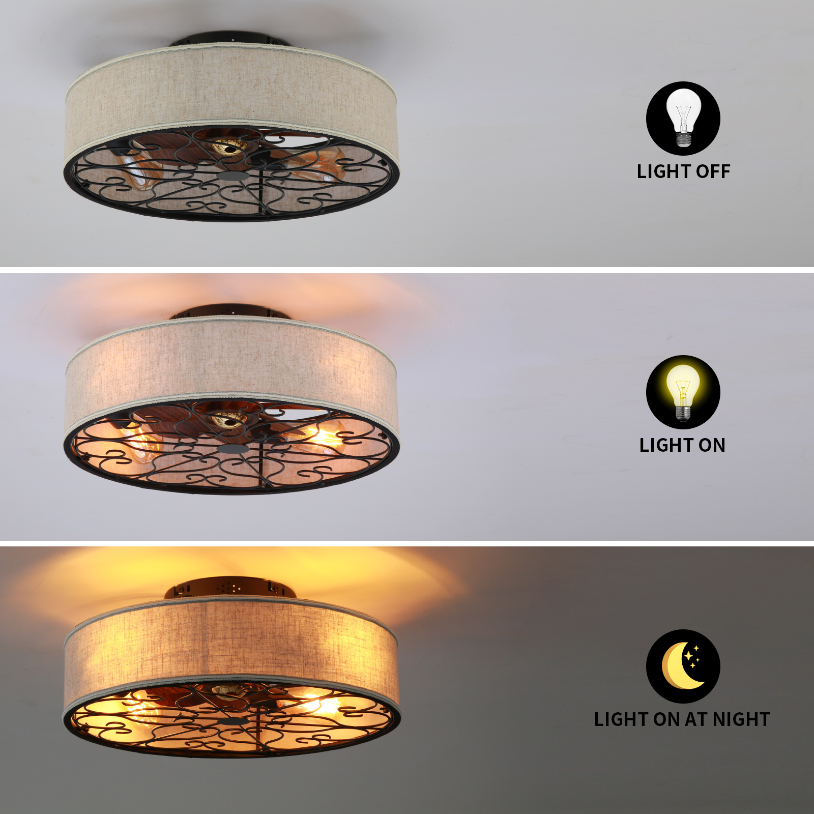 20 Inch Caged Ceiling Fans with Lights Flush Mount,Low Profile Fabric Farmhouse Bladeless Ceiling Fan with Remote, Farmhouse White Ceiling Fan for Bedroom,6 Speeds Reversible Silent Fandalier