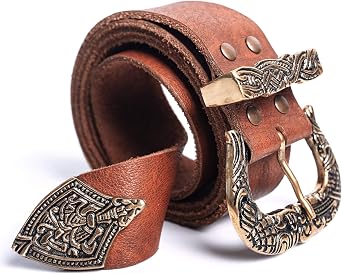 Viking Leather Belt with Norse Styled Brass Buckle & Tip | One-Size-Fits-All Traditional Fit | Ultra Premium Top Grain Brown Leather