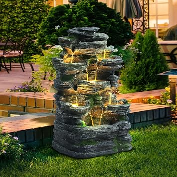 MAGIC UNION 7-Tier Cascading Rock Water Fountain, Natural Stone Look