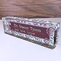 Vista 31 de Artblox - Placa de nombre personalizada para escritorio Diseño de flores de violetas sobre cristal acrílico transparente Placa de nombre