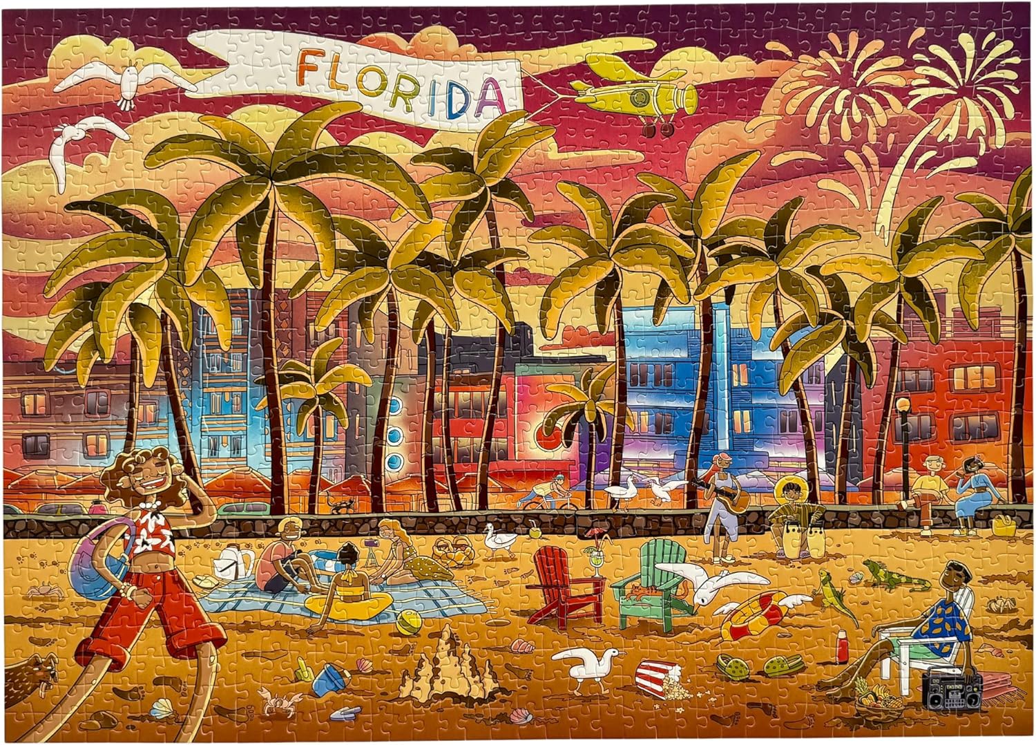 1000-Piece Jigsaw Puzzle for Adults – Ocean Drive Miami Beach | Florida Landmarks, Colorful Hand-Drawn Illustration – Puzzle Size 27.6x19.7 in