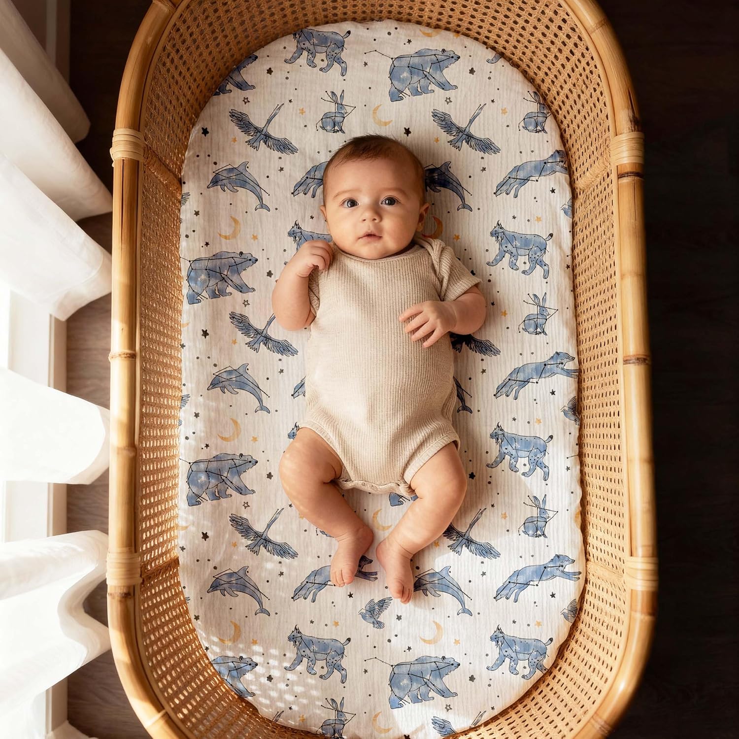 Gllquen Baby Muslin Bassinet Sheets 3 Pack, Breathable Elastic Cozy Fitted Cotton Bassinet Mattress Sheet for Baby Boy Girls, Fit for Hourglass Oval Rectangular Cradle Pad Sheets 33"x17" (Star) - Image 5