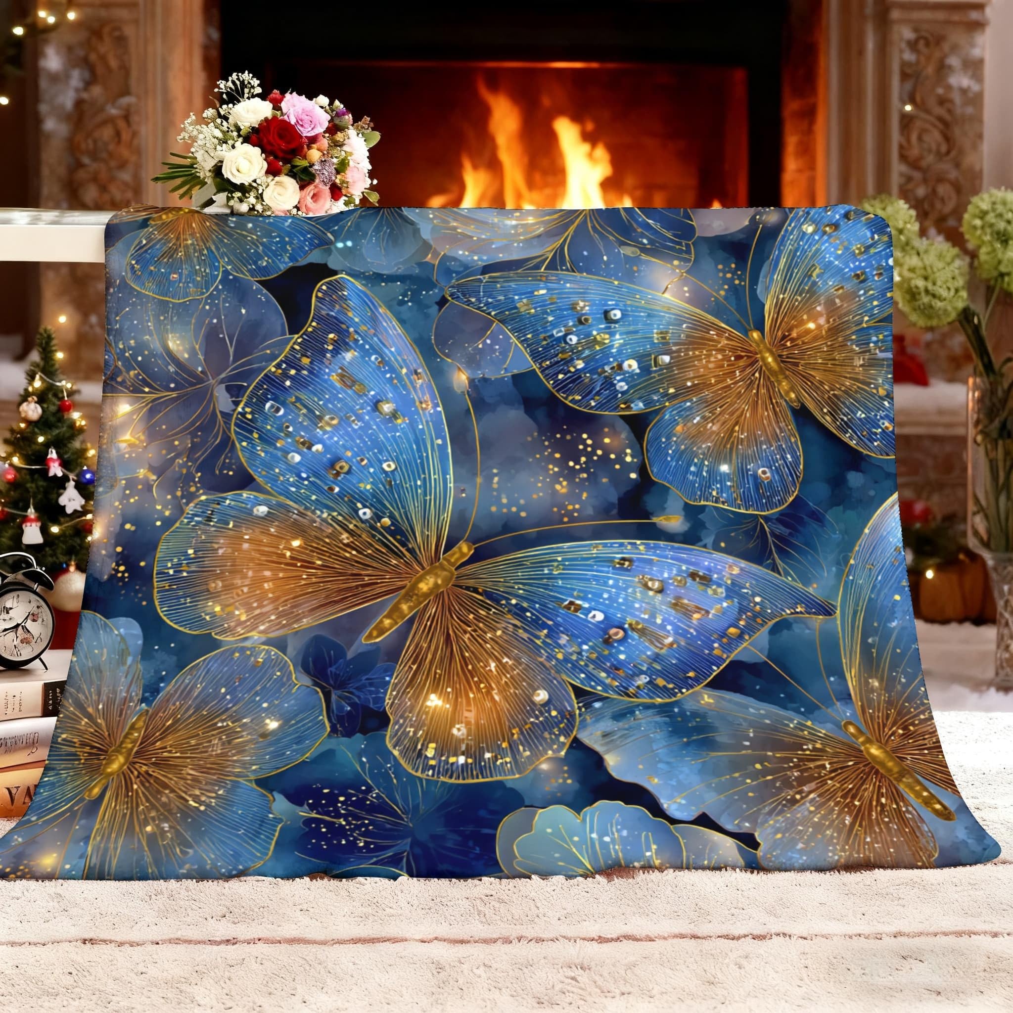 Antystatyczny lekki wełniany koc XXL 180 x 220 cm Fantasy motyl koc flanelowy super miękki niebieski szerpa na łóżko sofa biuro ochraniacz na kolana łóżko samochód kemping plaża
