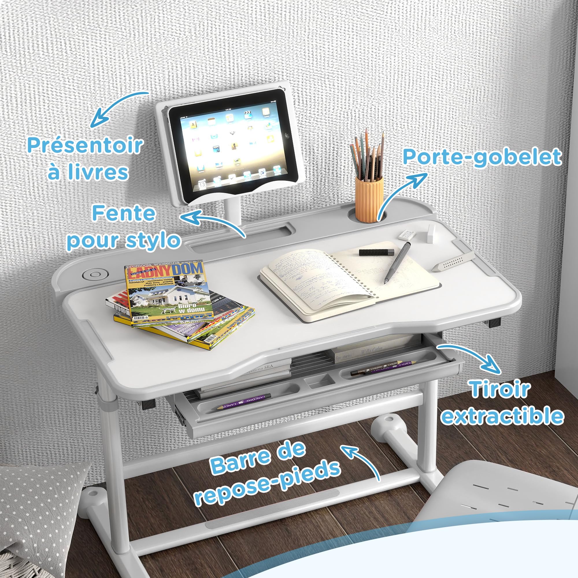 AIYAPLAY Scrivania Bambino con Sedia, Set Scrivania e Sedia per Bambini con Regolabile in Altezza, Vassoio inclinato 45°, Cassetto e Supporto Libro per Bambini dai 3 ai 12 anni, Grigio