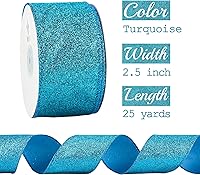 Vista 2 de MEEDEE Cinta con alambre con purpurina azul de 2.5 pulgadas, turquesa metálico, azul claro, 25 yardas para decoración de árbol de Navidad