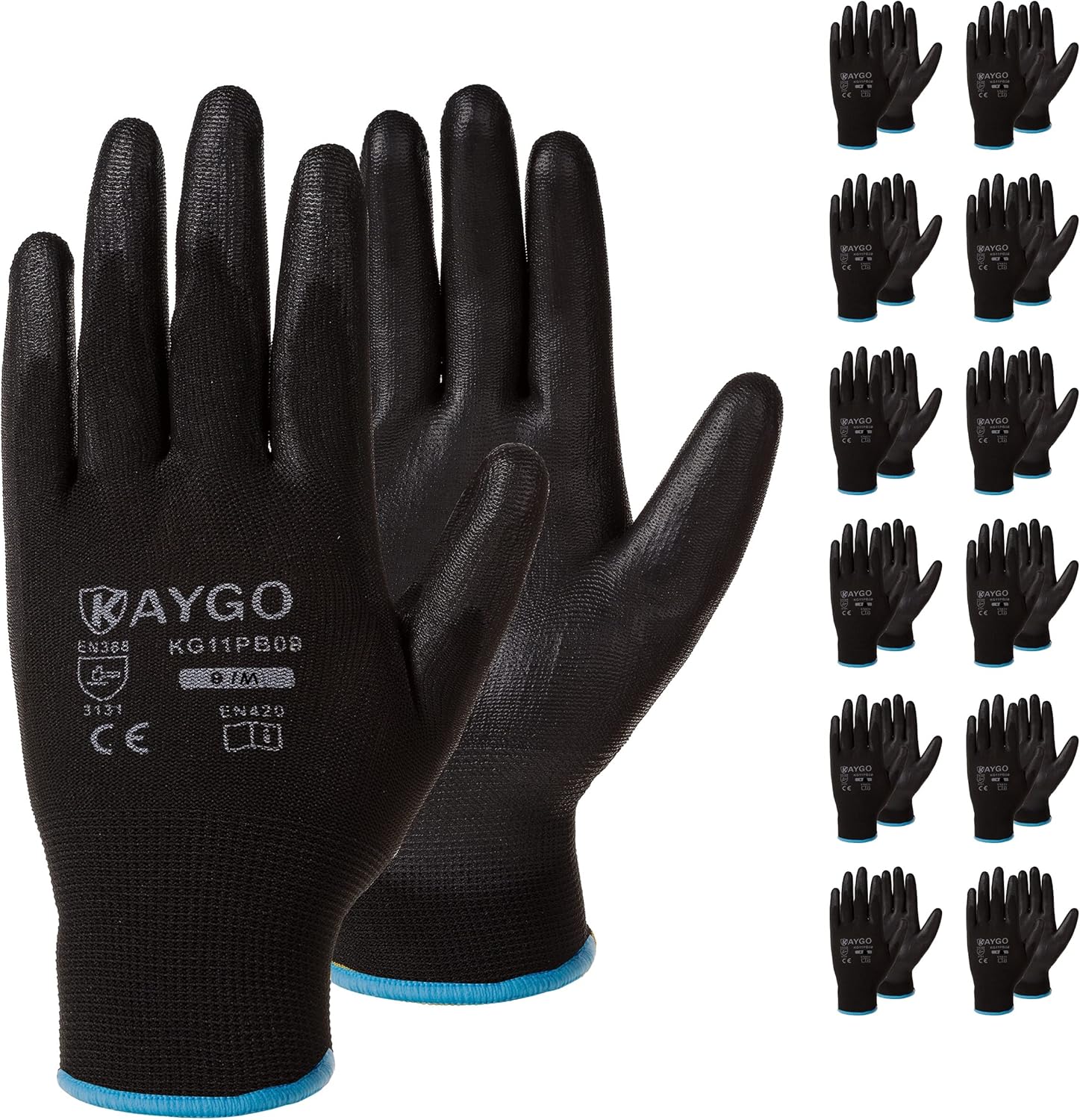 Safety Work Gloves PU Coated12 Pairs,KAYGO KG11PB, Seamless Knit Glove