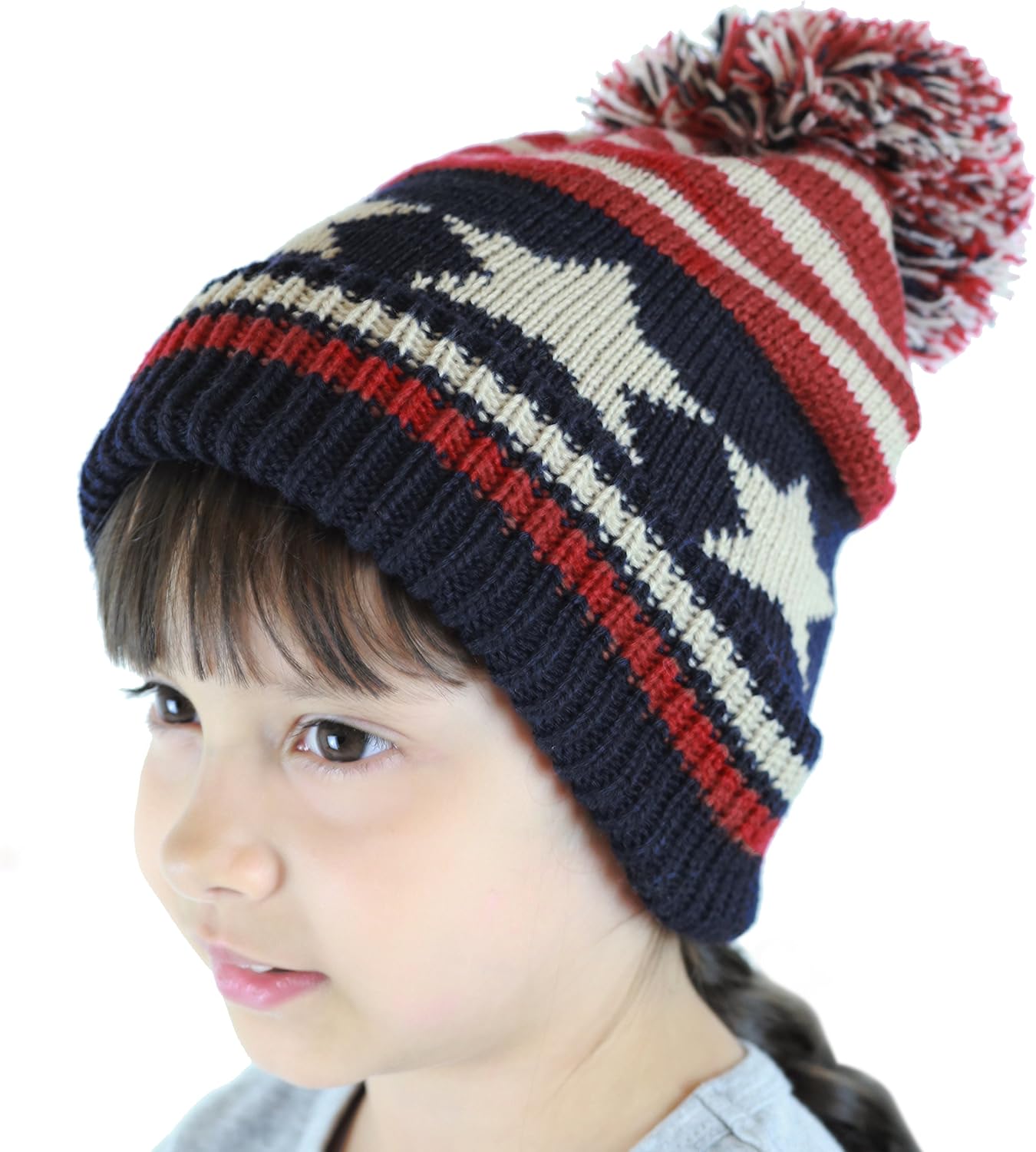 The Hat Depot Kids Cuffed Beanie Knit Stripe Pom Winter Hat