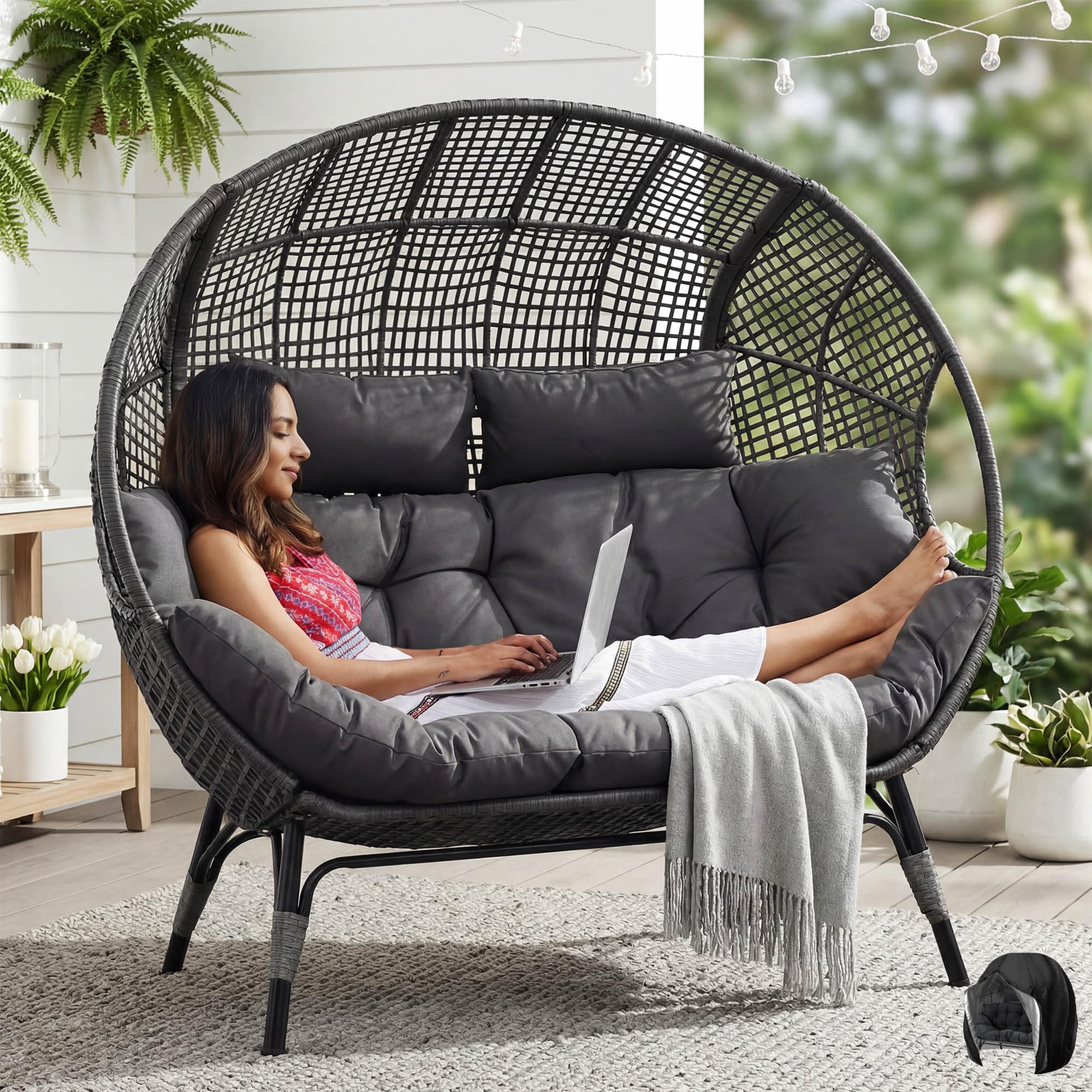 NICESOUL® Double Egg Chair Indoor Outdoor Stationary Oversized 6.5" Thick Padded Cushions,2 Person Wicker Egg Loveseat Chair, Extra Wide Lounge Chair for Patio Balcony Porch Gray with Cover