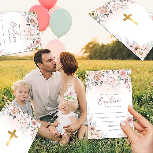 Miniatura 3 de Invitaciones de fiesta de bautismo florales en acuarela, invitaciones de bautismo de lámina dorada para niños y niñas, invitaciones de relleno rosa