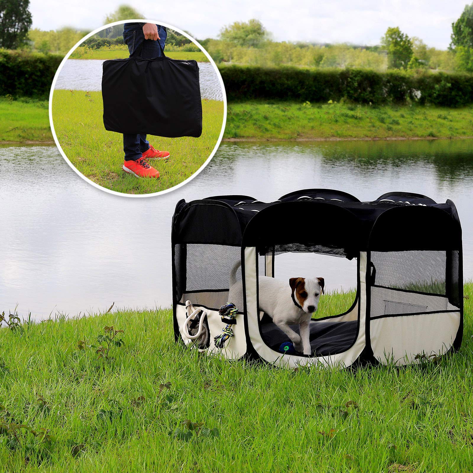 lionto Recinto per cuccioli realizzato in tessuto oxford recinto esterno per animali beige/nero