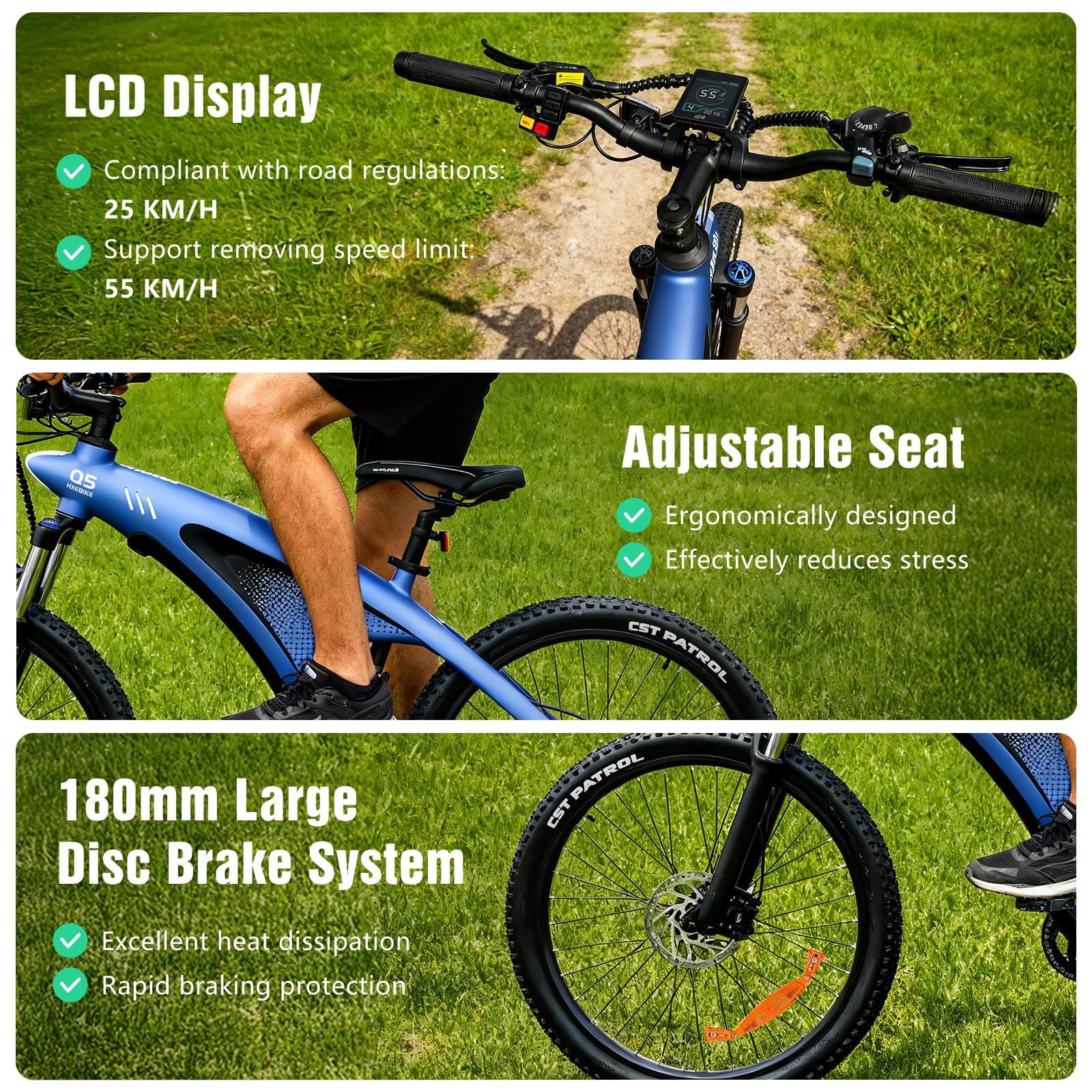 HX Q5 Shark Bicicleta Eléctrica Montaña para Adultos con Carga rápida 48V 15AH Batería Extraíble,27.5"x2.25" Tyre EBike con luz RGB,SHIMAN0 9 velocidades,Frenos de DIS hidráulicos y Alcance 70-80KM