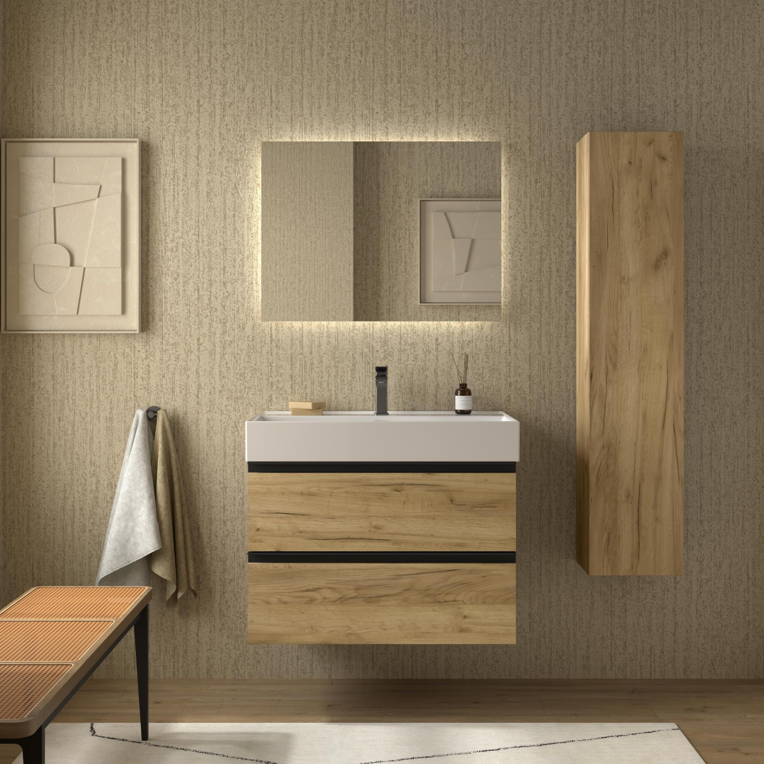 Mueble de Baño BEQUIA Metal 100cm Roble | Lavabo Veneto Porcelana Centrado
