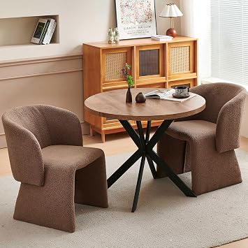 Homedot 37 in Round Dining Table Set for 2, Rustic Brown Kitchen Table and Upholstered Armchairs Set, Small Breakfast Table with Brown Teddy Velvet Dining Accent Chairs, Compact Dinette Set
