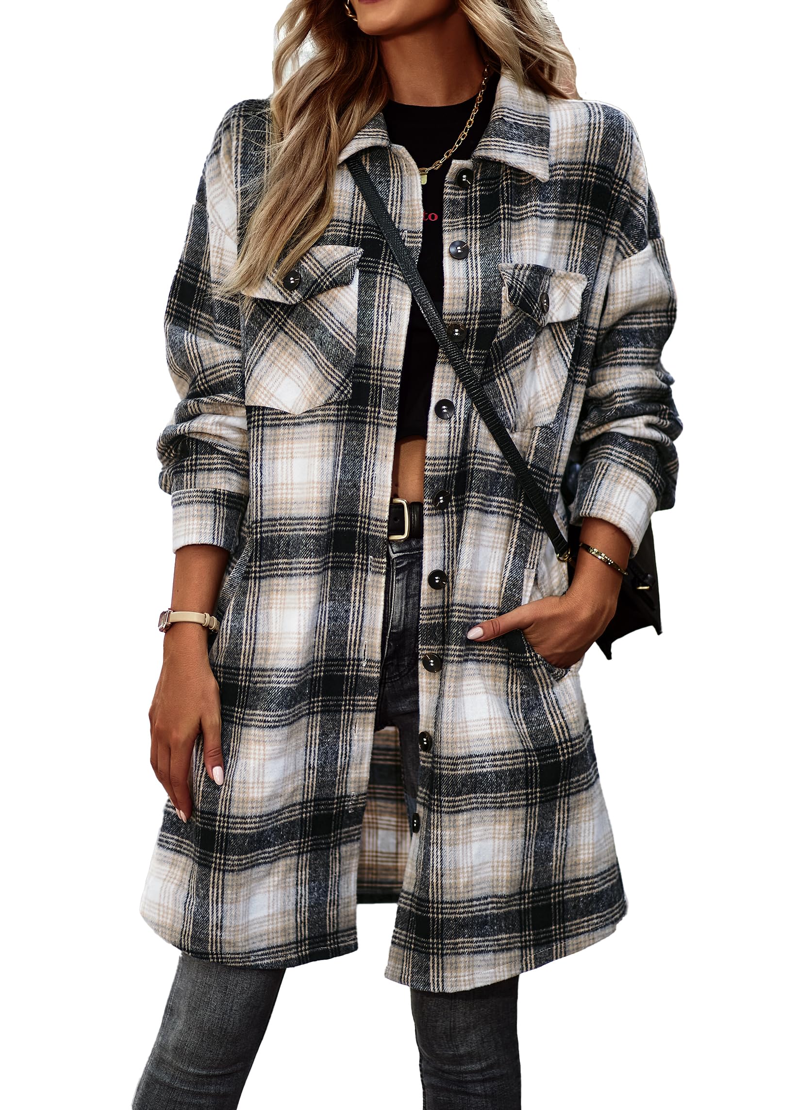 vogmate Women's Plaid Shirt Shacket Jacket 2024 Casual Button Down Long Sleeve Tartan Long Lapel Woolen Coats with Pockets-picture-43