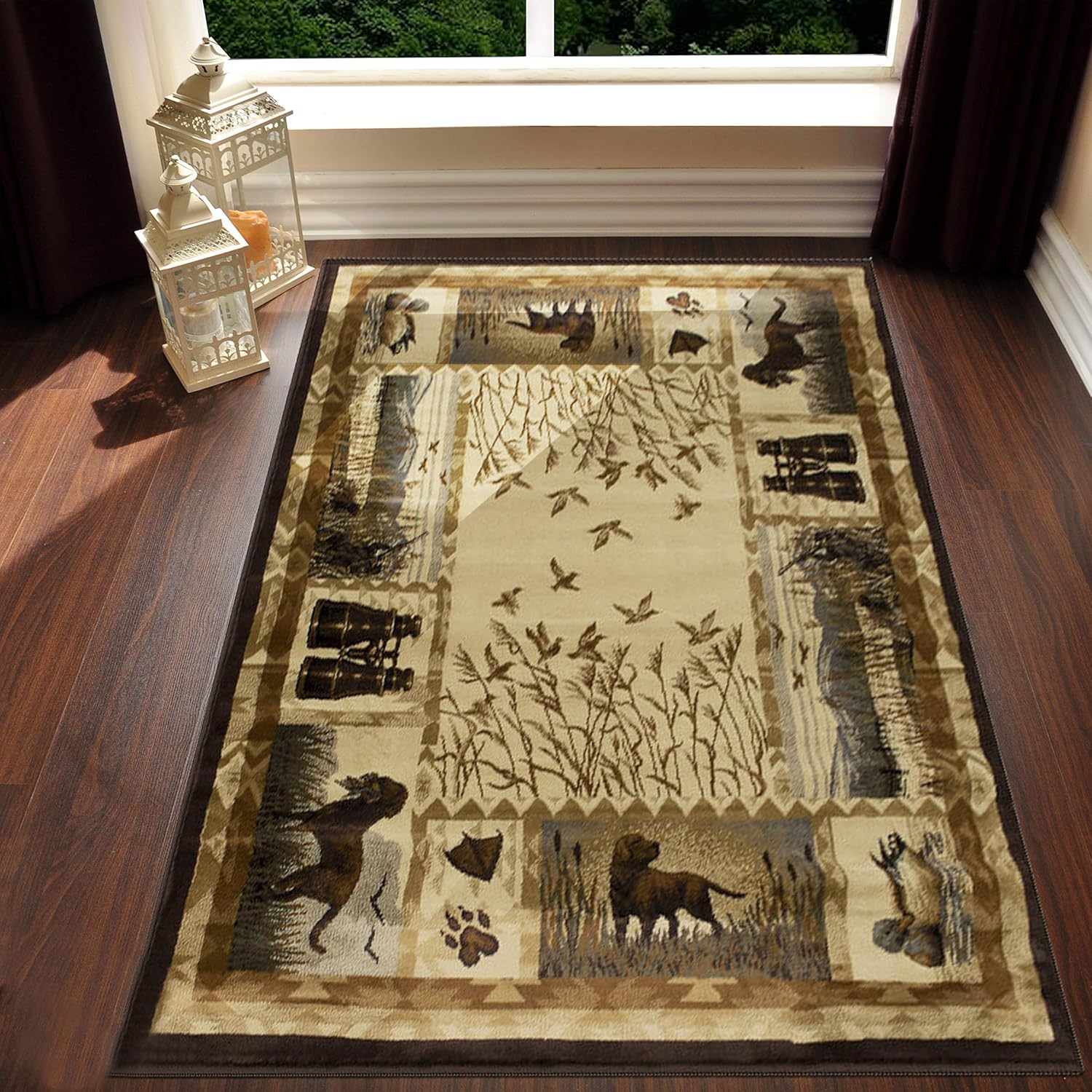 Lodge, Cabin Hunting Accent Area Rug – Modern Geometric Design Cabin Area Rug – Abstract, Multicolor Design– Hunting Dogs/Duck/Magnifier