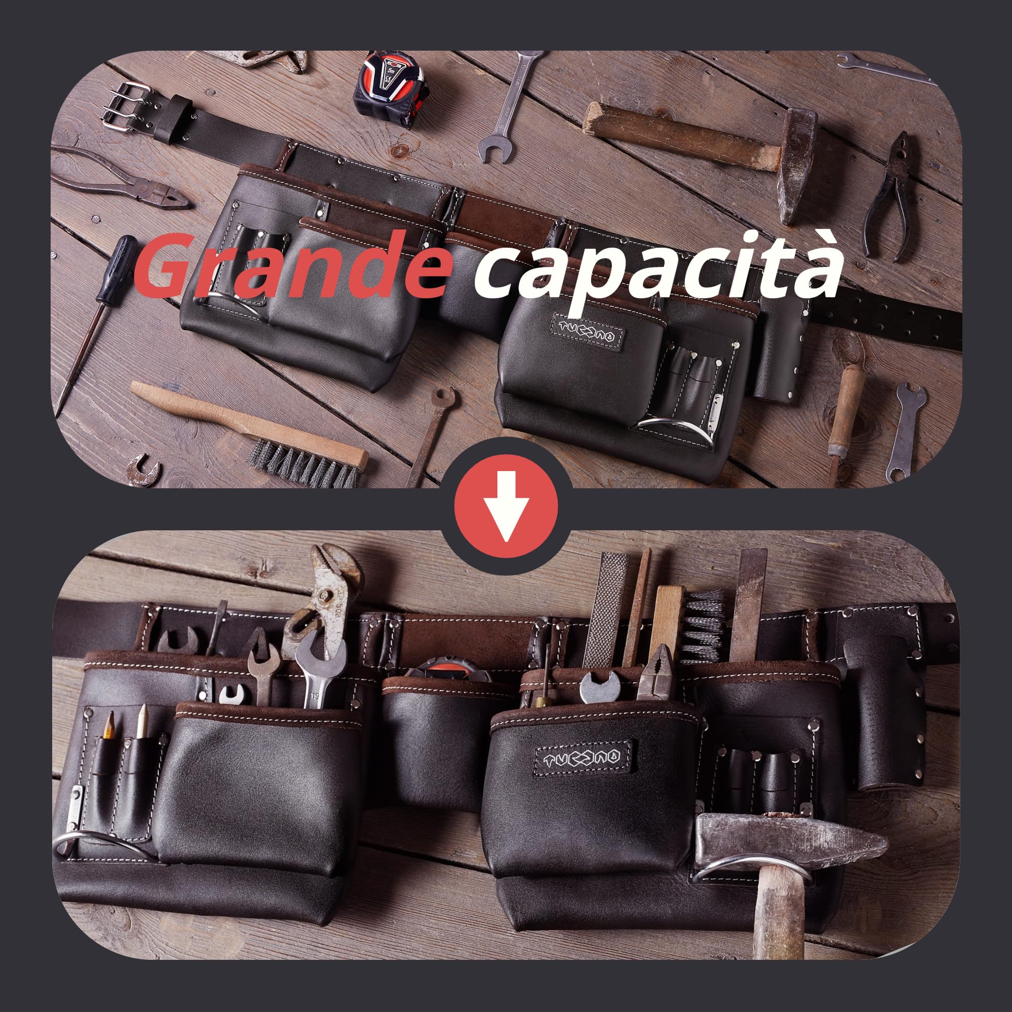 Cintura Porta Attrezzi in Pelle Conciata ad Olio 12 Tasche | Cintura da Lavoro per Costruttori, Falegnami, Carpentieri, Giardinieri, Elettricisti | Grembiule Marsupio Uomo