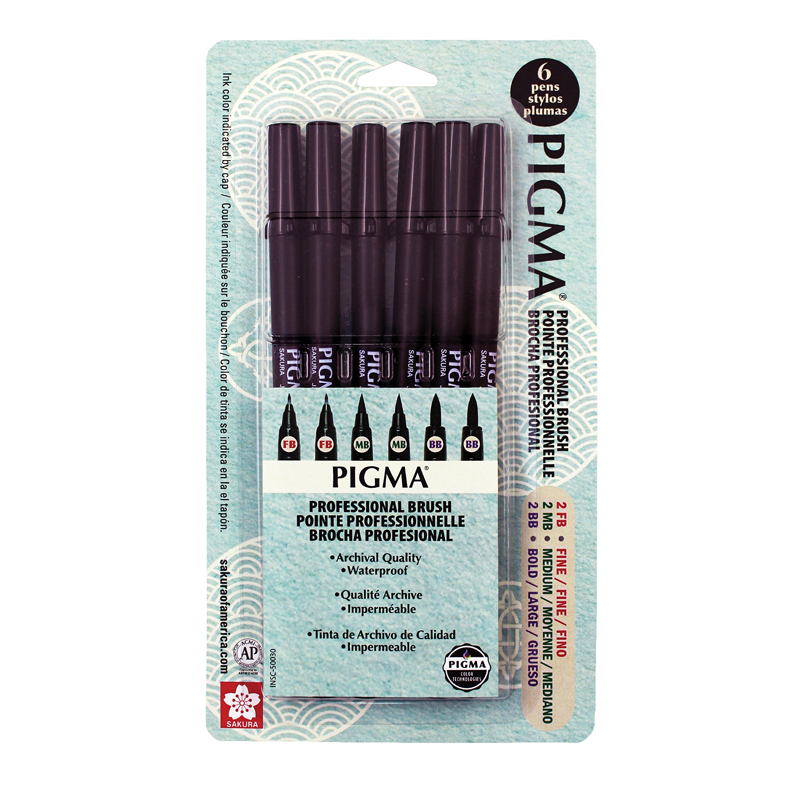 Sakura Pigma Professional Archival Ink Brush Pens, 6 Set, Black, 6 Pack - 