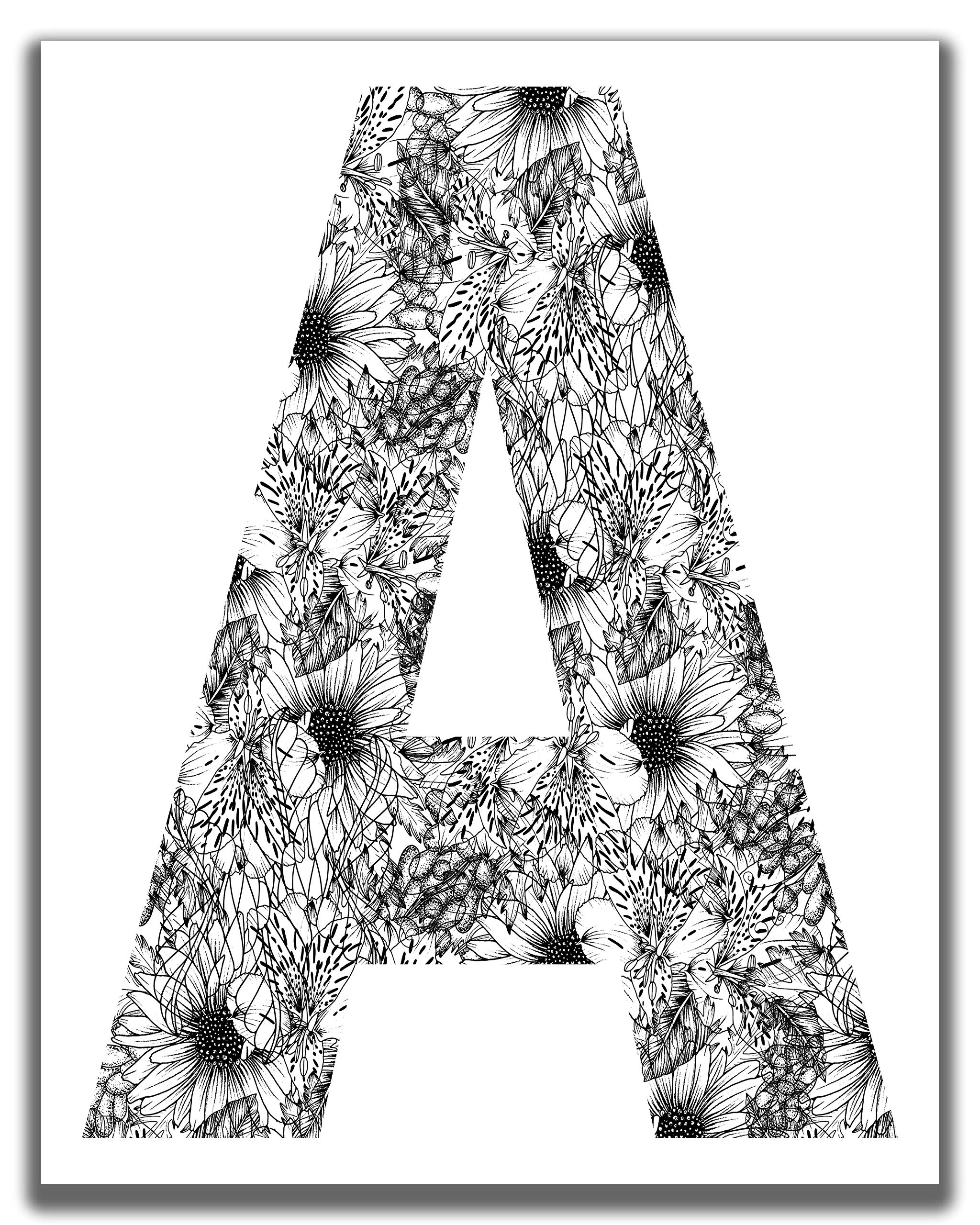 "A" Initial Wall Decor - 11x14" UNFRAMED Print - Modern, Minimal, Black And White Floral Line Typography Drawing - Country, Rustic, Farmhouse, Boho, Shabby Chic, ABC Wall Art - Monogrammed Gifts