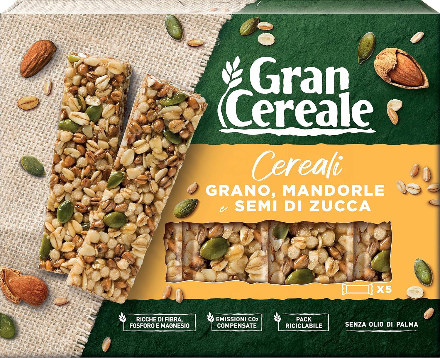 Gran Cereale, Snack Barrette di Cereali con Grano, Mandorle e Semi di Zucca, Ricche di Fibra, 5 Gran Cereale, Snack Barrette di Cereali con Grano, Mandorle e Semi di Zucca, Ricche di Fibra, 5