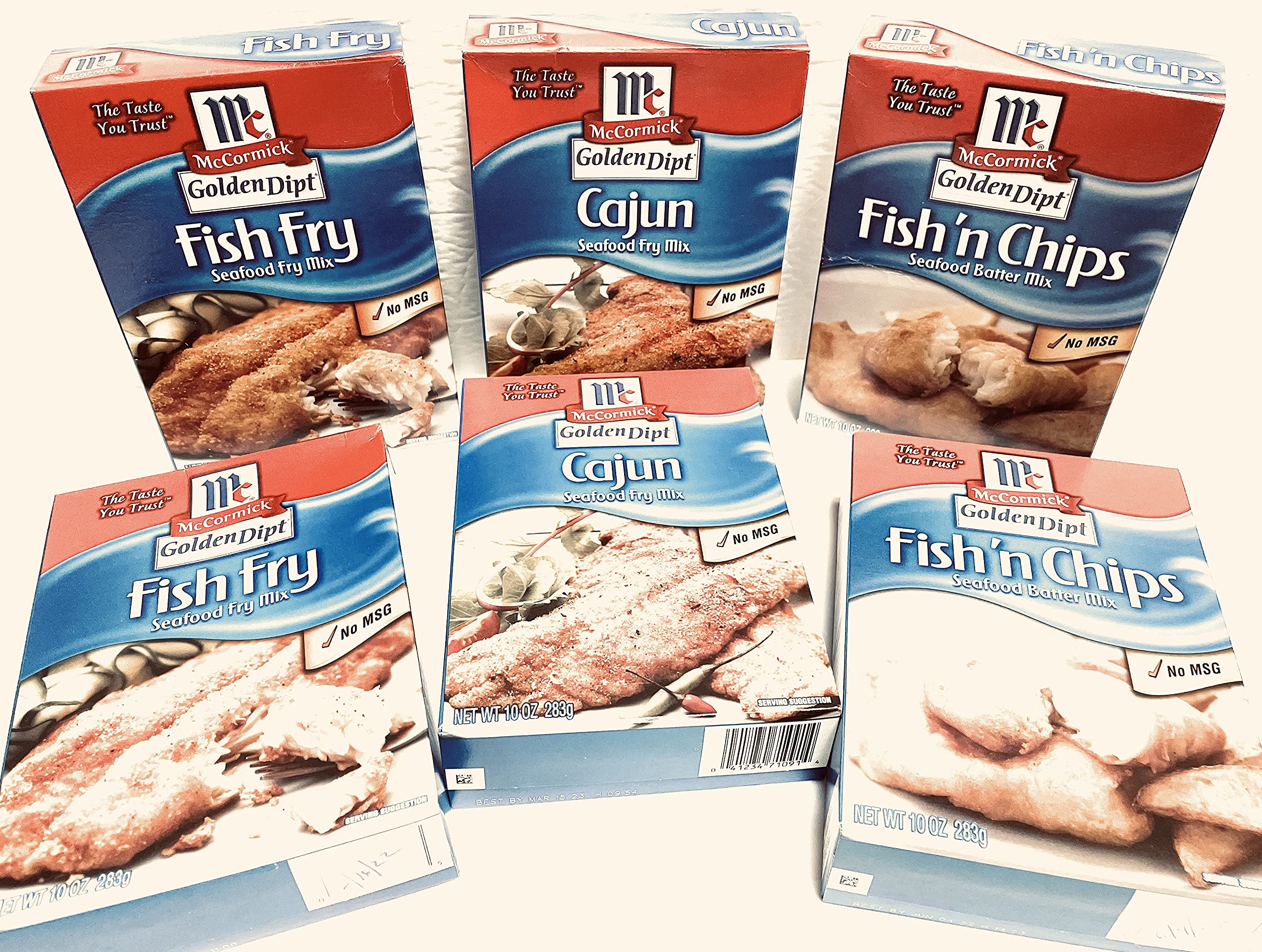 Golden Dipt Trio Variety Pack. 2 boxes Fish' n Chips, 2 boxes Cajun, 2 Boxes Fish Fry. Enjoy this 6pack