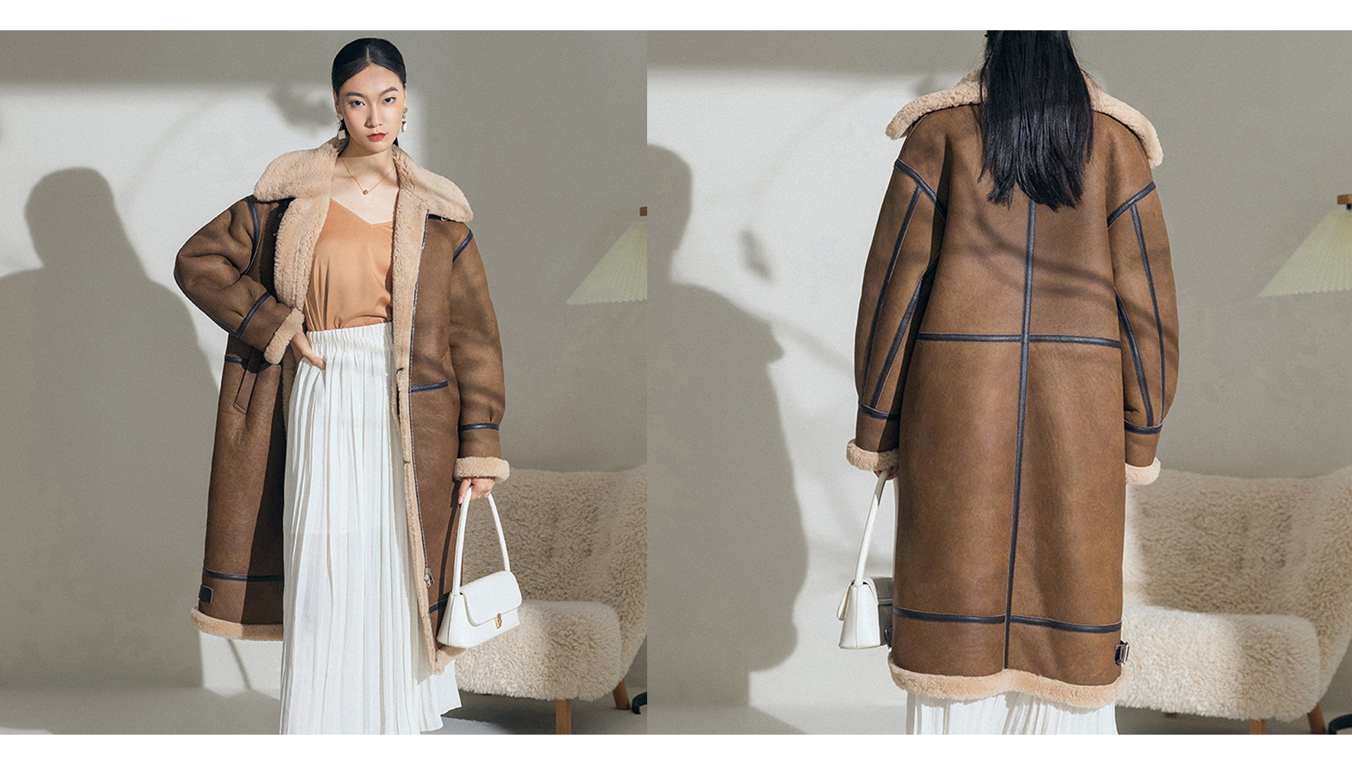 Denny&Dora Womens Shearling Jacket Mid-Length Sheepskin Coat Brown
