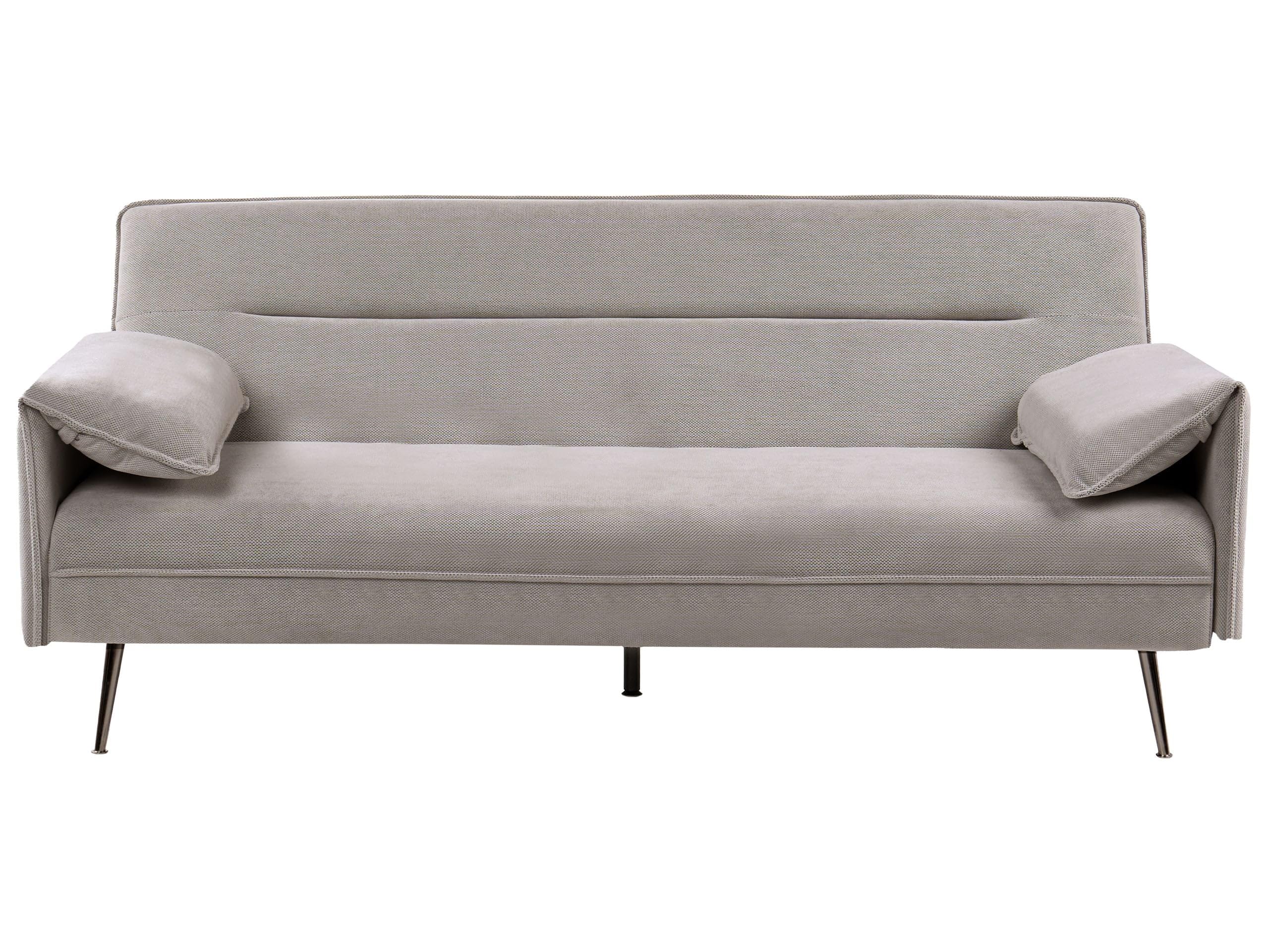 Sofa rozkładana 3-osobowa materiałowa wodoodporna tapicerka drewniane nogi z regulowanymi podłokietnikami mechanizm klik-klak salon sypialnia szara Vayla