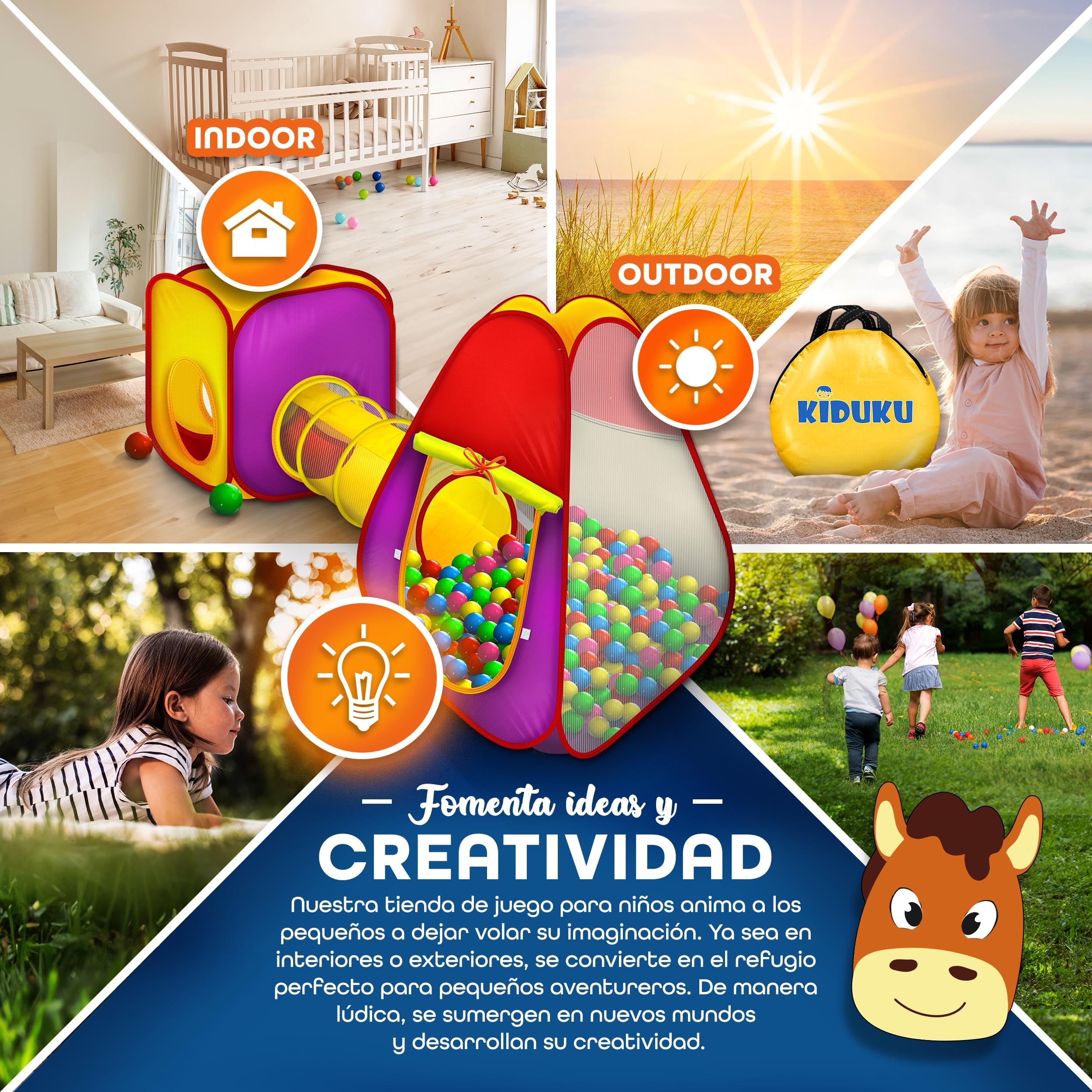 KIDUKU® 3 en 1 Carpa de Juegos para niños/Tienda de campaña Pop up Infantil para Jugar + Túnel de Tela + 200 Bolas + Bolsa para Transportar – Uso Interior y Exterior