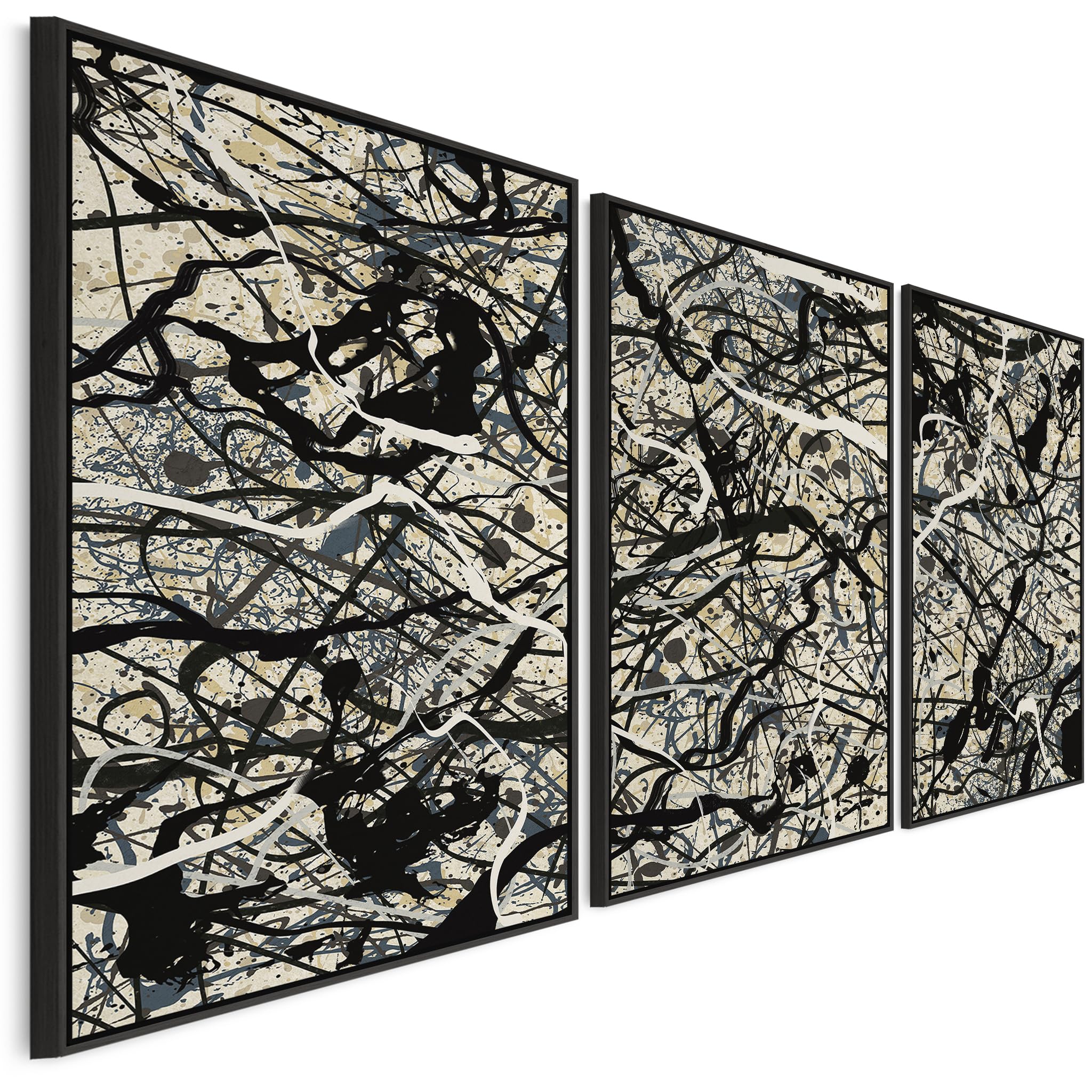 Wallfillers Black Neutral Wall Art For Living Room - Set Of 3 Abstract Pictures Jackson Pollock Style - 2M Wide