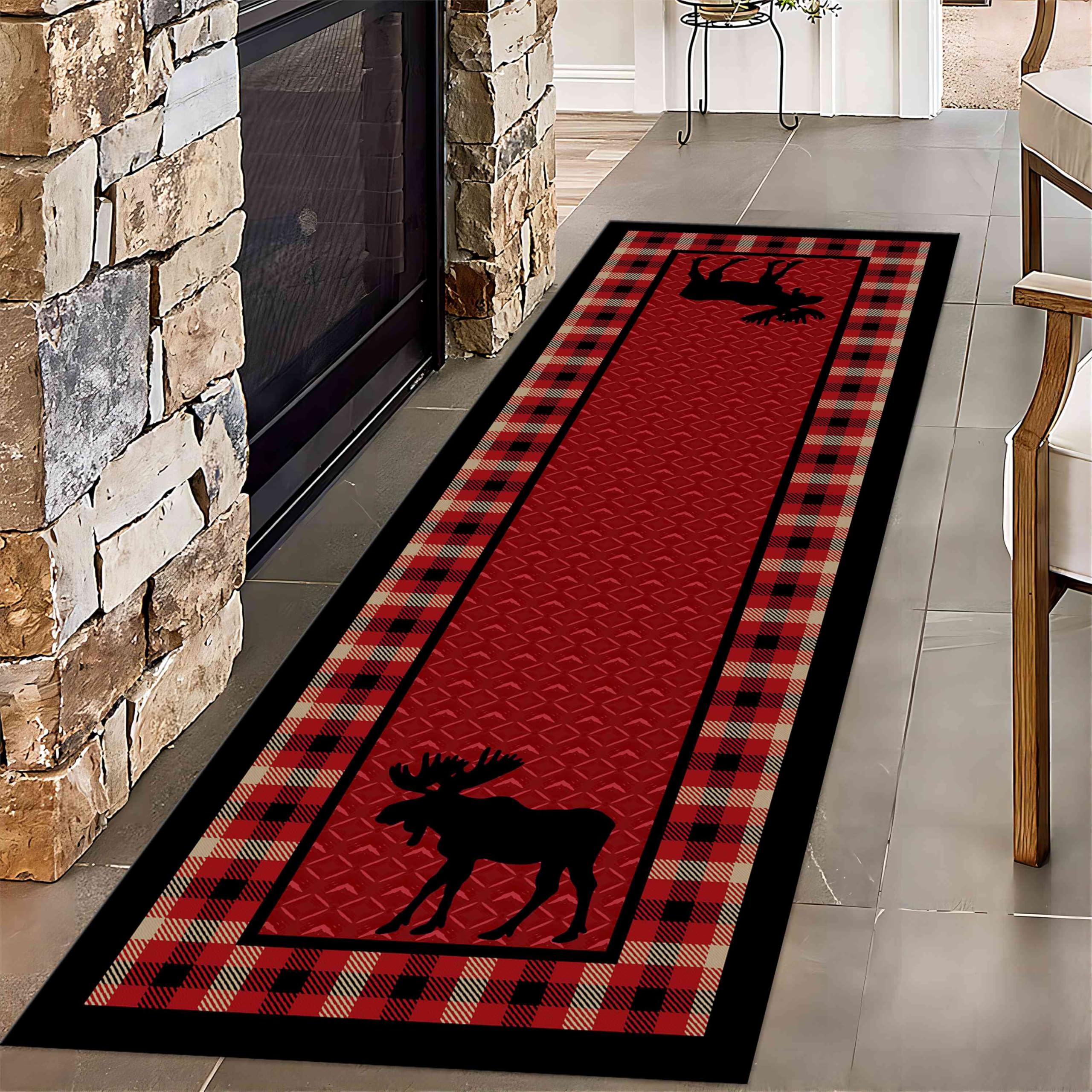 Cabin Hallway Runner Rug, 2.6x7ft Rustic Animal Forest Moose Plaid Non-Slip Hallway Rugs, Vintage Style Red and Black Plaid Farmhouse Long Runner,