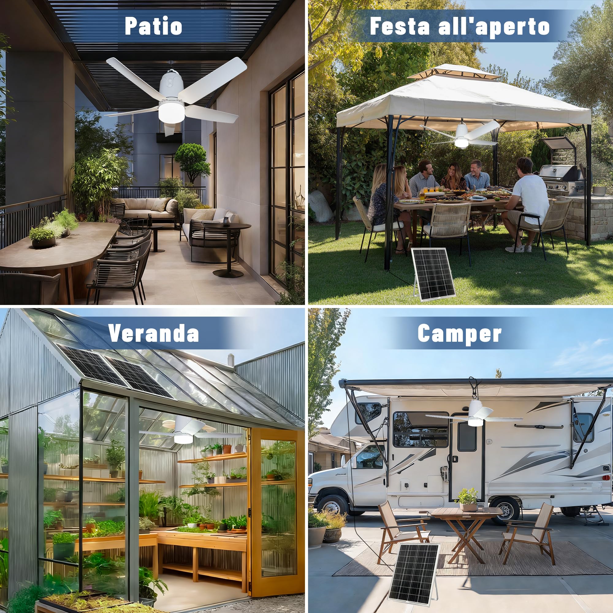 Ventilatore da soffitto solare, con illuminazione per esterni, pannello solare da 60 W e batteria da 40000 mAh, grande ventilatore da soffitto portatile con luce, telecomando per campeggio (80CM)