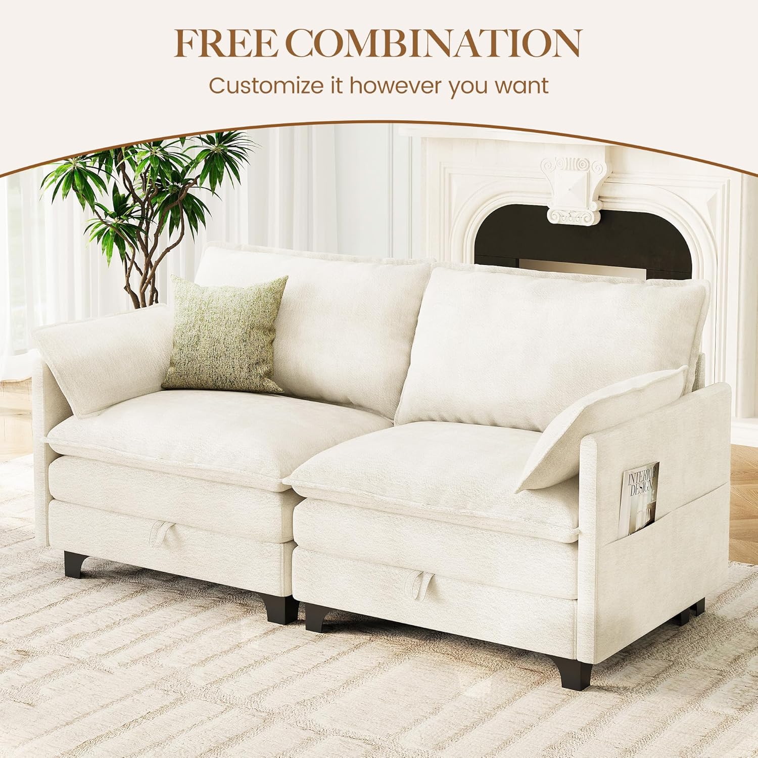71.9" Loveseat Modular Sectional Sofa, Chenille Cloud Couch with Armrest Pillows, Modern 2 Seater Deep Seat Couches with Side Pocket for Living Room, Bedroom and Apartment, Beige